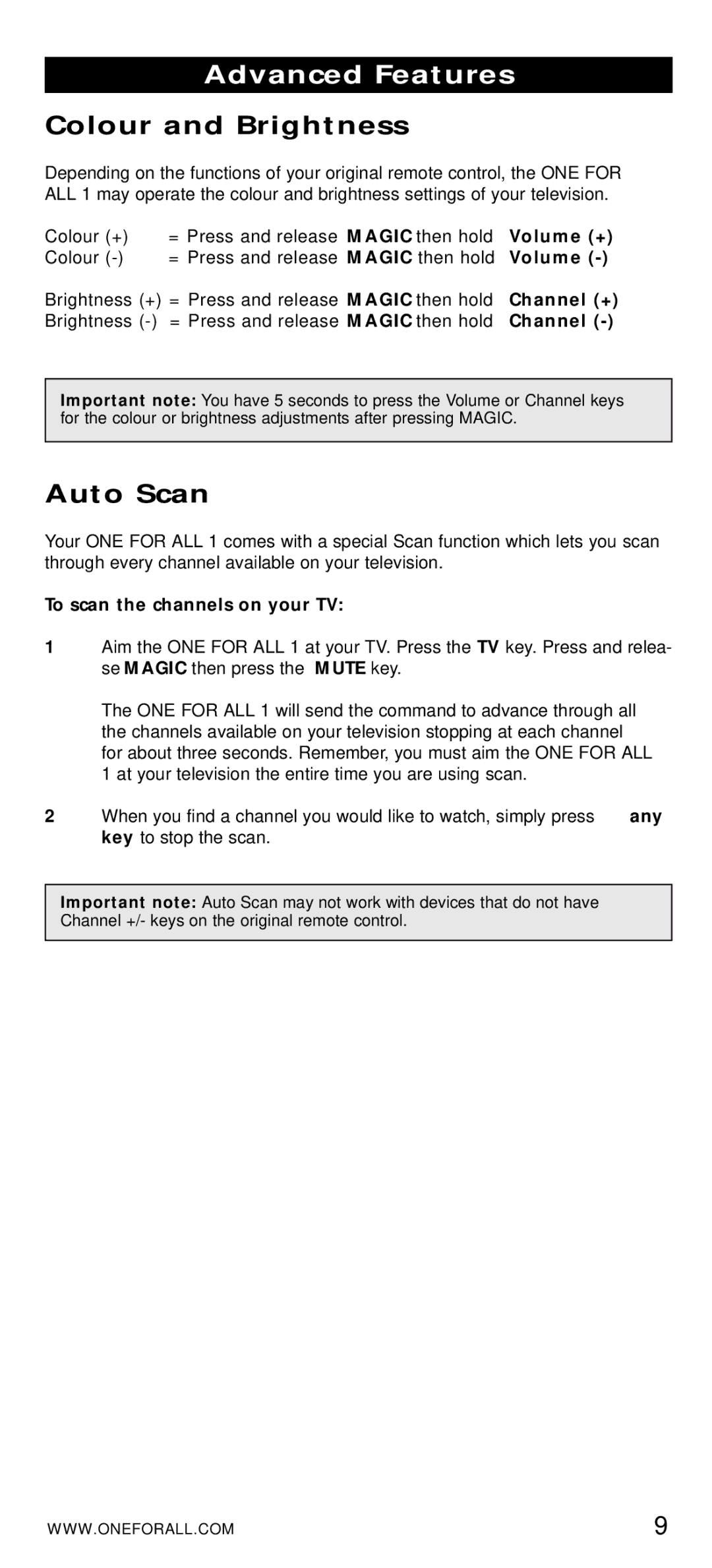 One for All URC-7010 manual Advanced Features, Colour and Brightness, Auto Scan, To scan the channels on your TV 