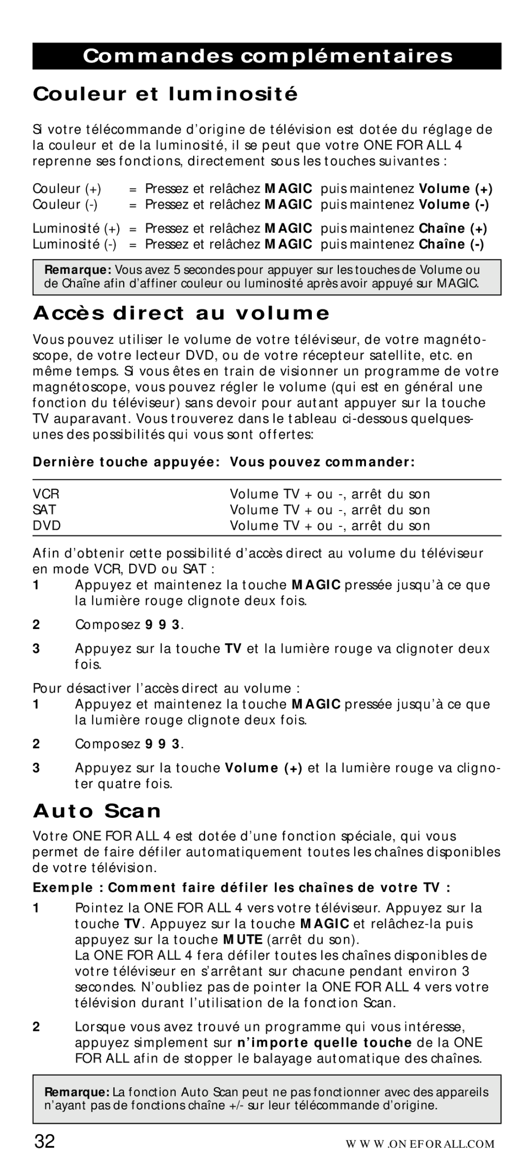 One for All URC-7040 manual Commandes complémentaires, Couleur et luminosité, Accès direct au volume, Auto Scan 