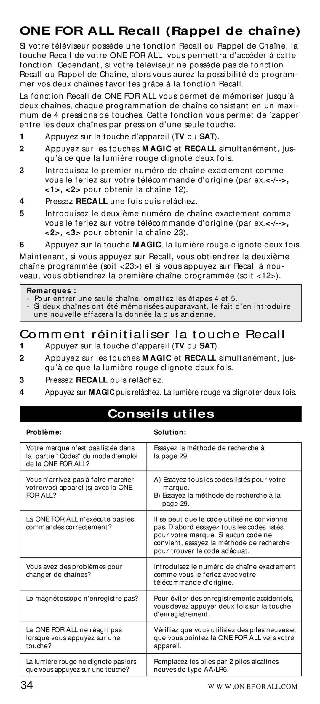 One for All URC-7040 manual ONE for ALL Recall Rappel de chaîne, Conseils utiles, For ALL? 