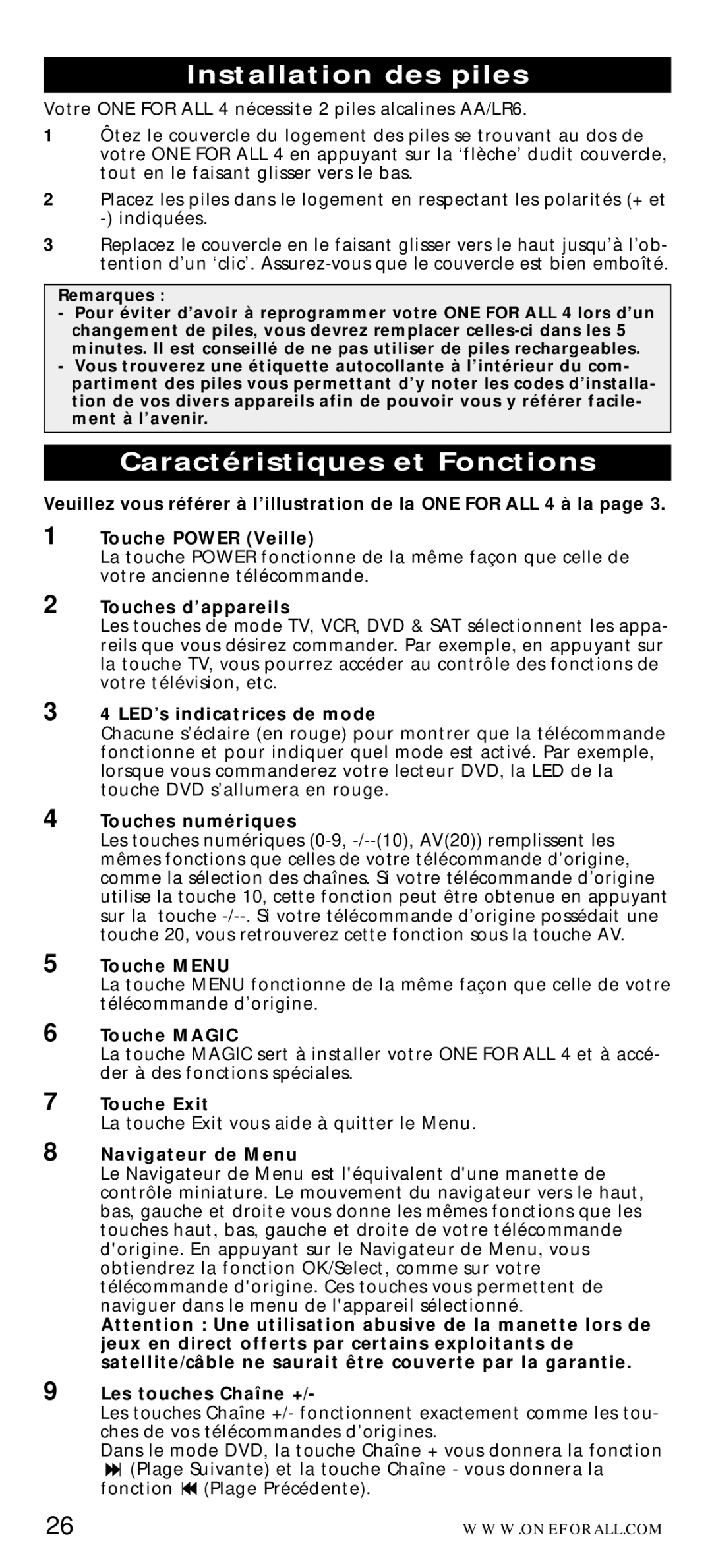 One for All URC-7040 manual Installation des piles, Caractéristiques et Fonctions 