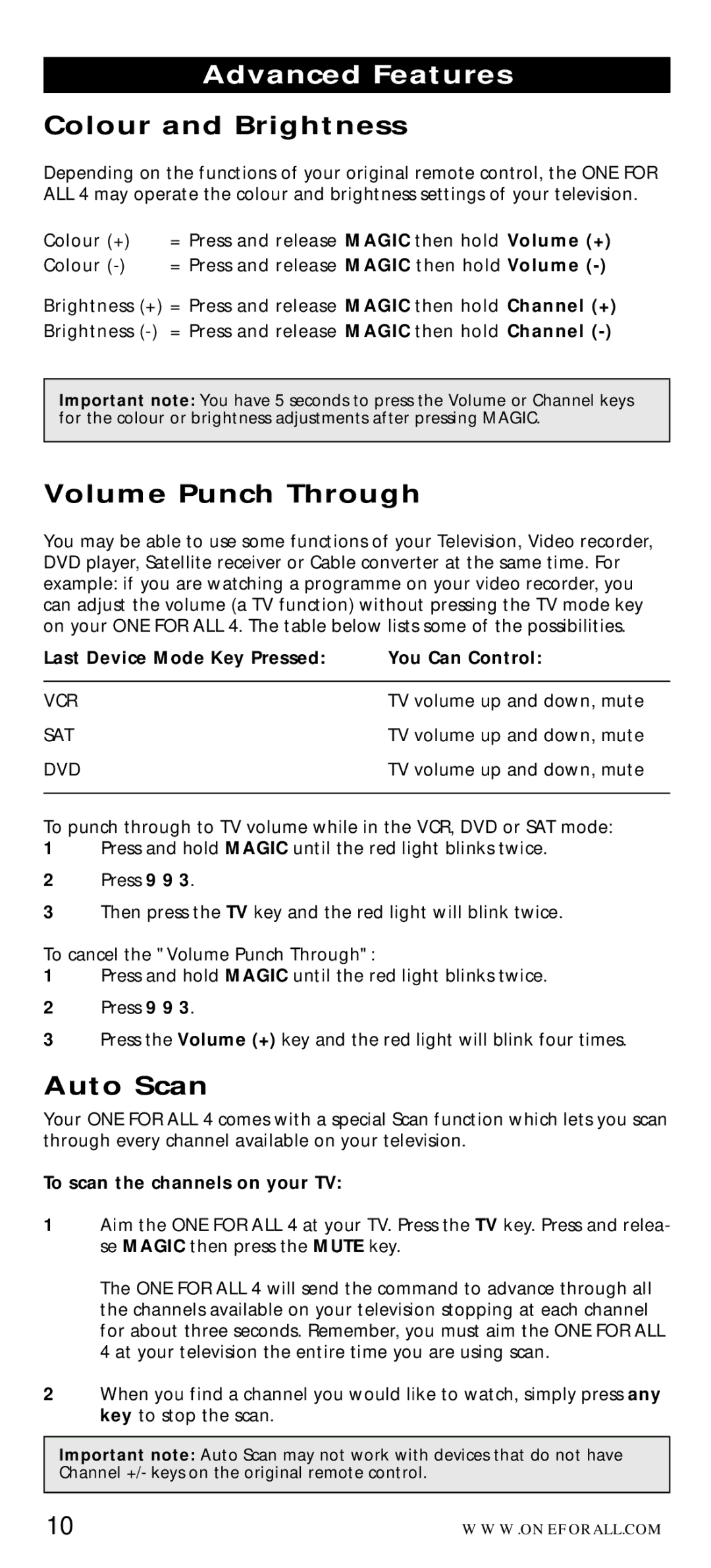 One for All URC-7040 manual Advanced Features, Colour and Brightness, Volume Punch Through, Auto Scan 