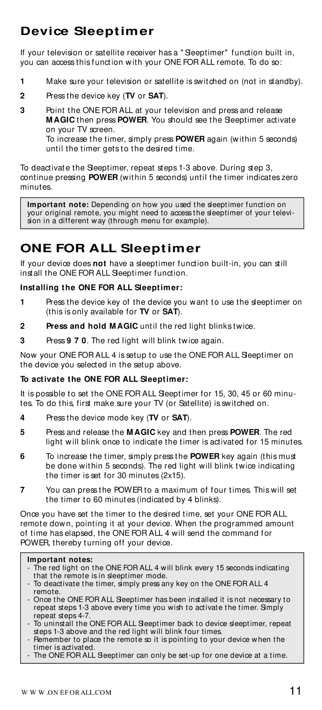 One for All URC-7040 Device Sleeptimer, Installing the ONE for ALL Sleeptimer, To activate the ONE for ALL Sleeptimer 