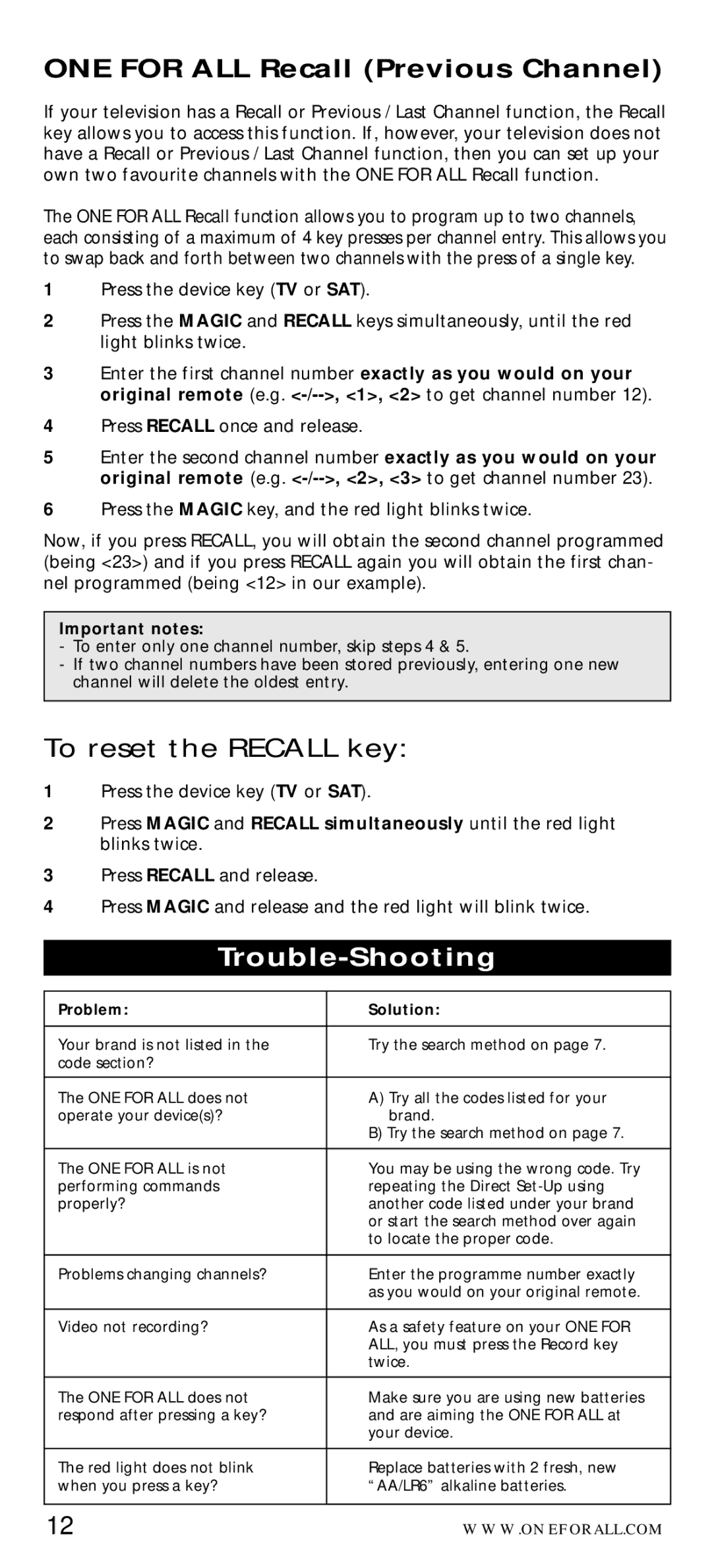 One for All URC-7040 manual ONE for ALL Recall Previous Channel, Trouble-Shooting 