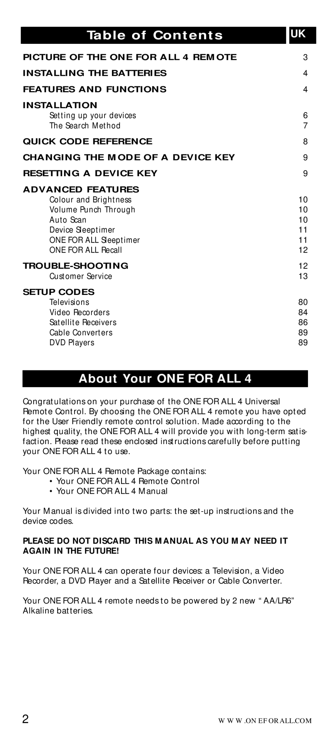 One for All URC-7040 manual Table of Contents, About Your ONE for ALL 