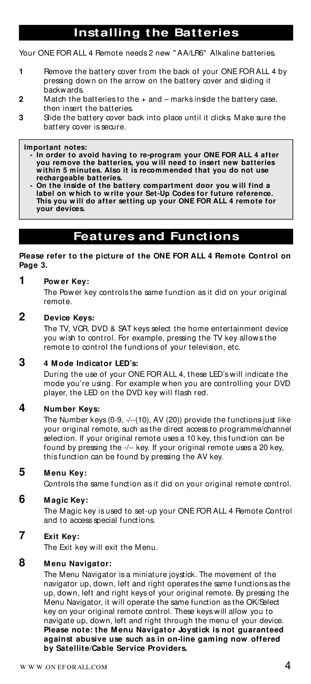 One for All URC-7040 manual Installing the Batteries, Features and Functions 