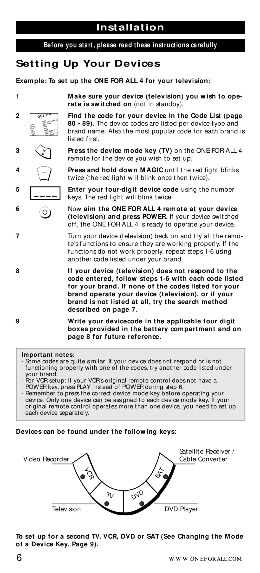 One for All URC-7040 manual Installation, Setting Up Your Devices, Devices can be found under the following keys, Sat, Dvd 