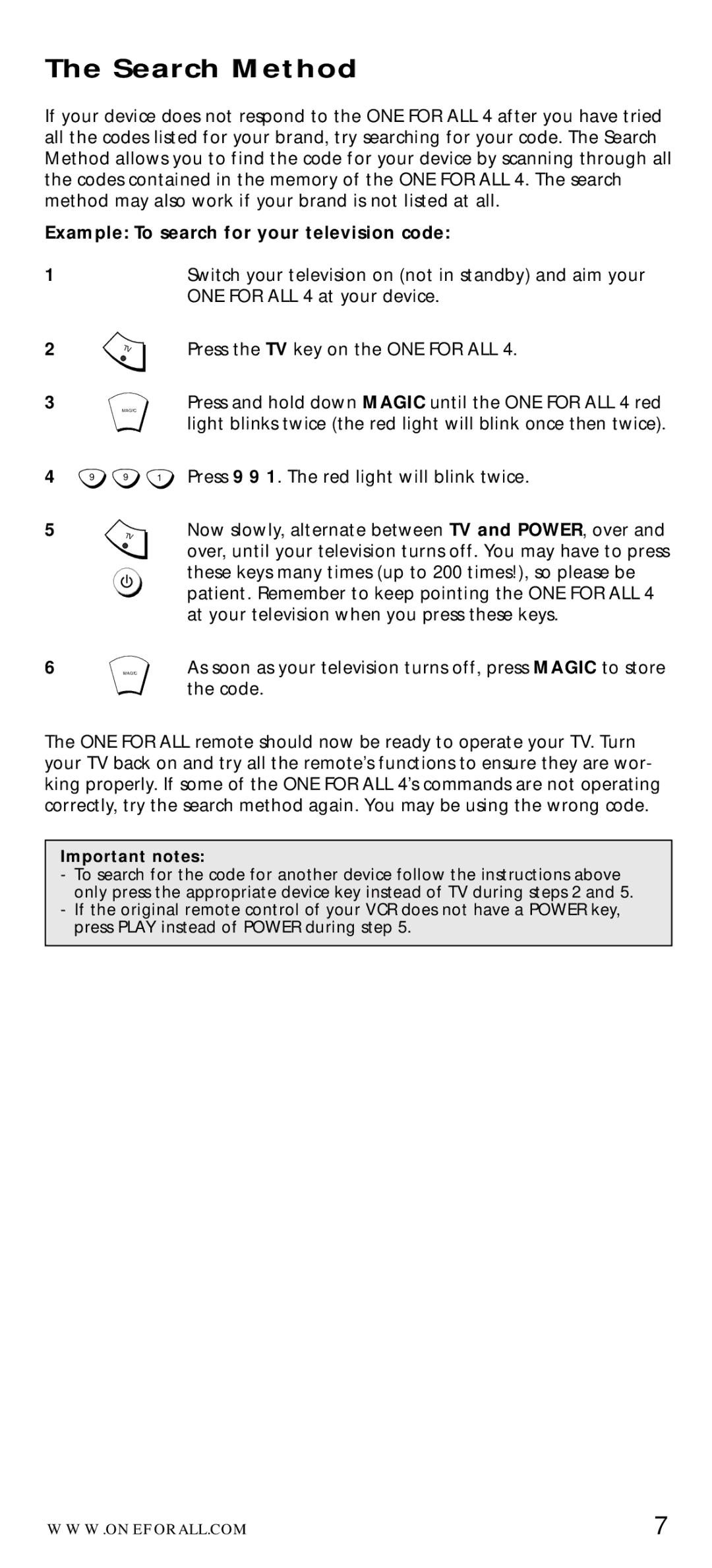 One for All URC-7040 manual Search Method, Example To search for your television code 