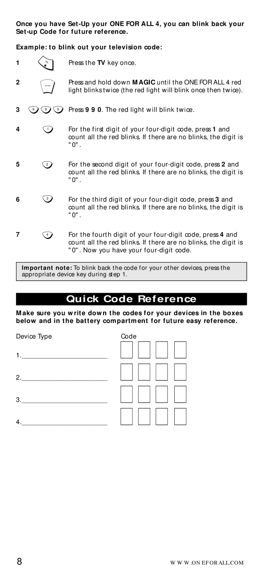 One for All URC-7040 manual Quick Code Reference 