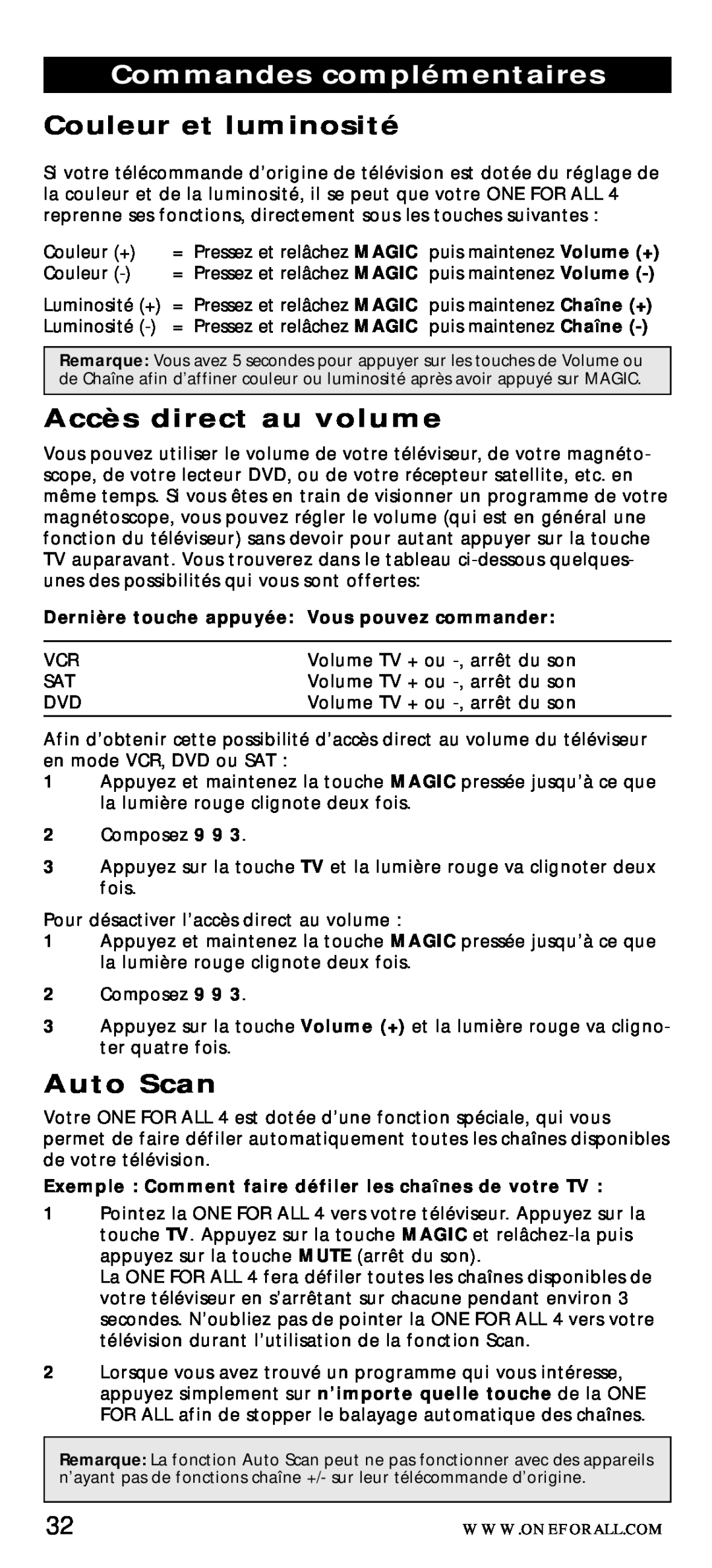 One for All URC-7040 manual Commandes complémentaires, Couleur et luminosité, Accès direct au volume, Auto Scan 