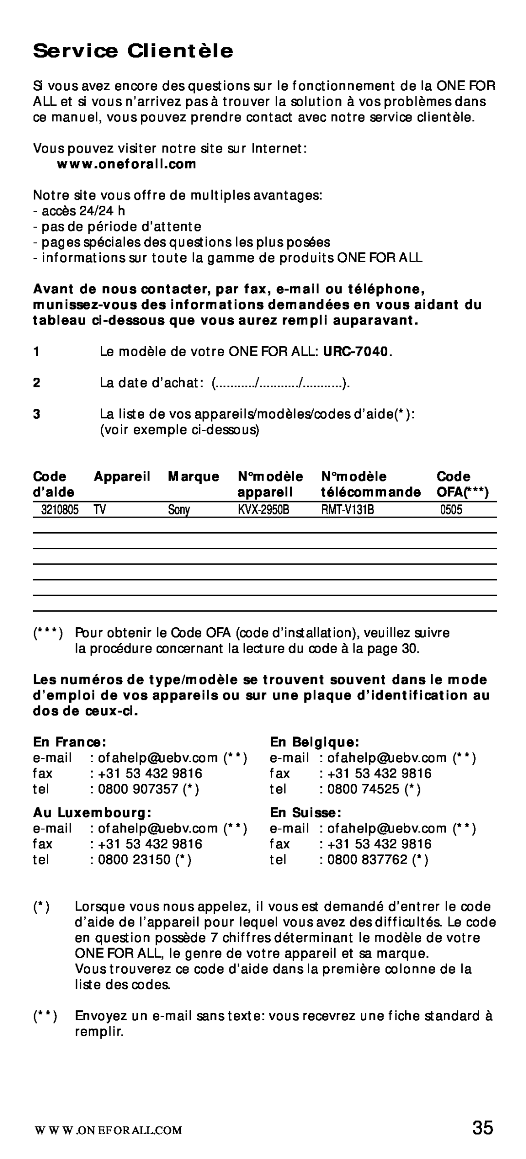 One for All URC-7040 manual Service Clientèle, Sony, KVX-2950B, RMT-V131B, 0505 