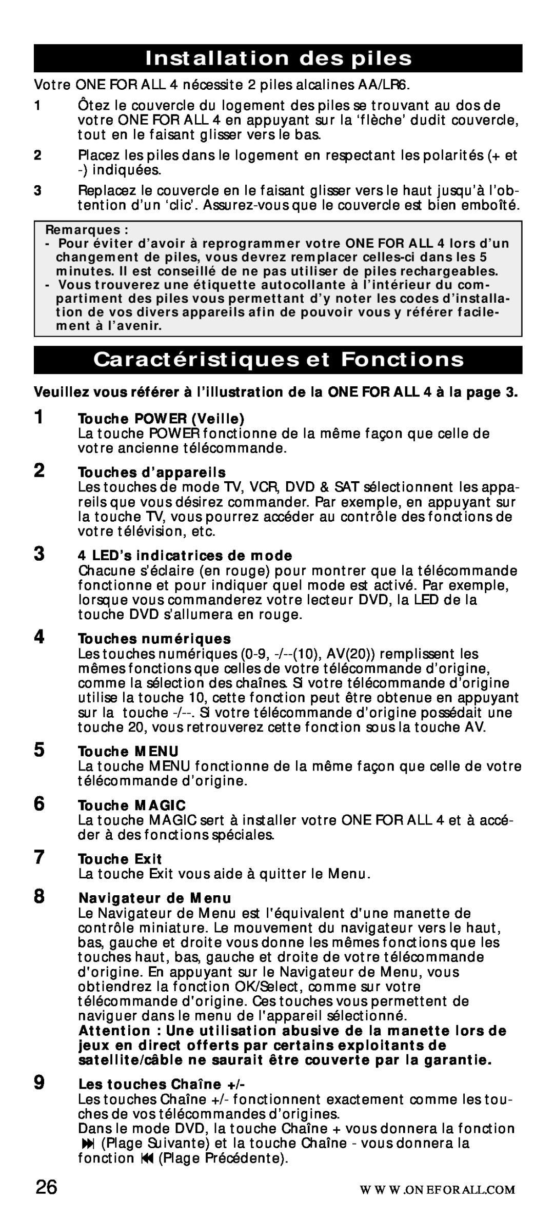 One for All URC-7040 manual Installation des piles, Caractéristiques et Fonctions 