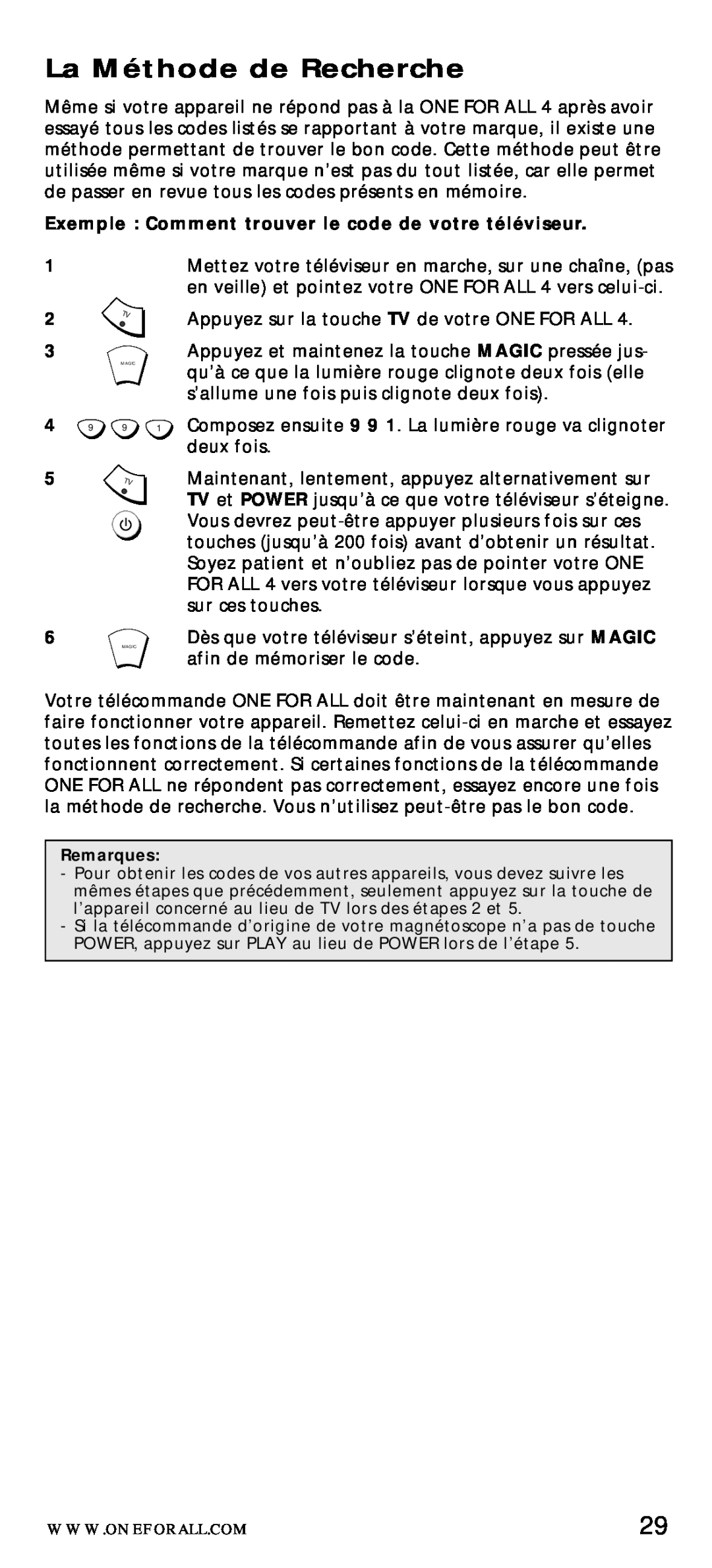 One for All URC-7040 manual La Méthode de Recherche 