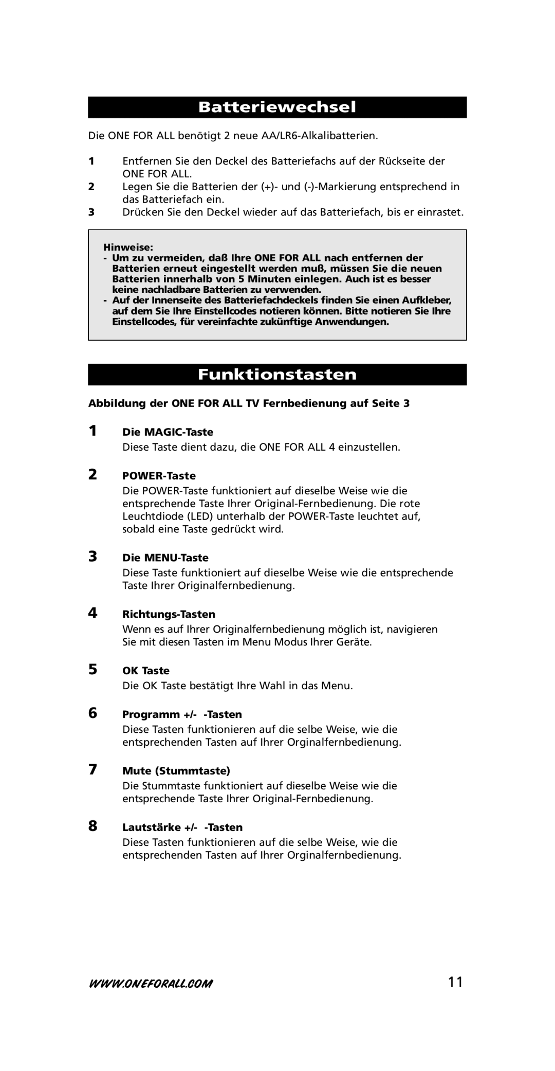 One for All URC-7210 instruction manual Batteriewechsel, Funktionstasten 