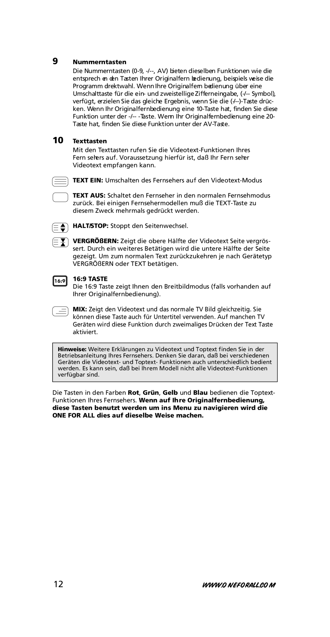 One for All URC-7210 instruction manual Nummerntasten, Texttasten, Taste 