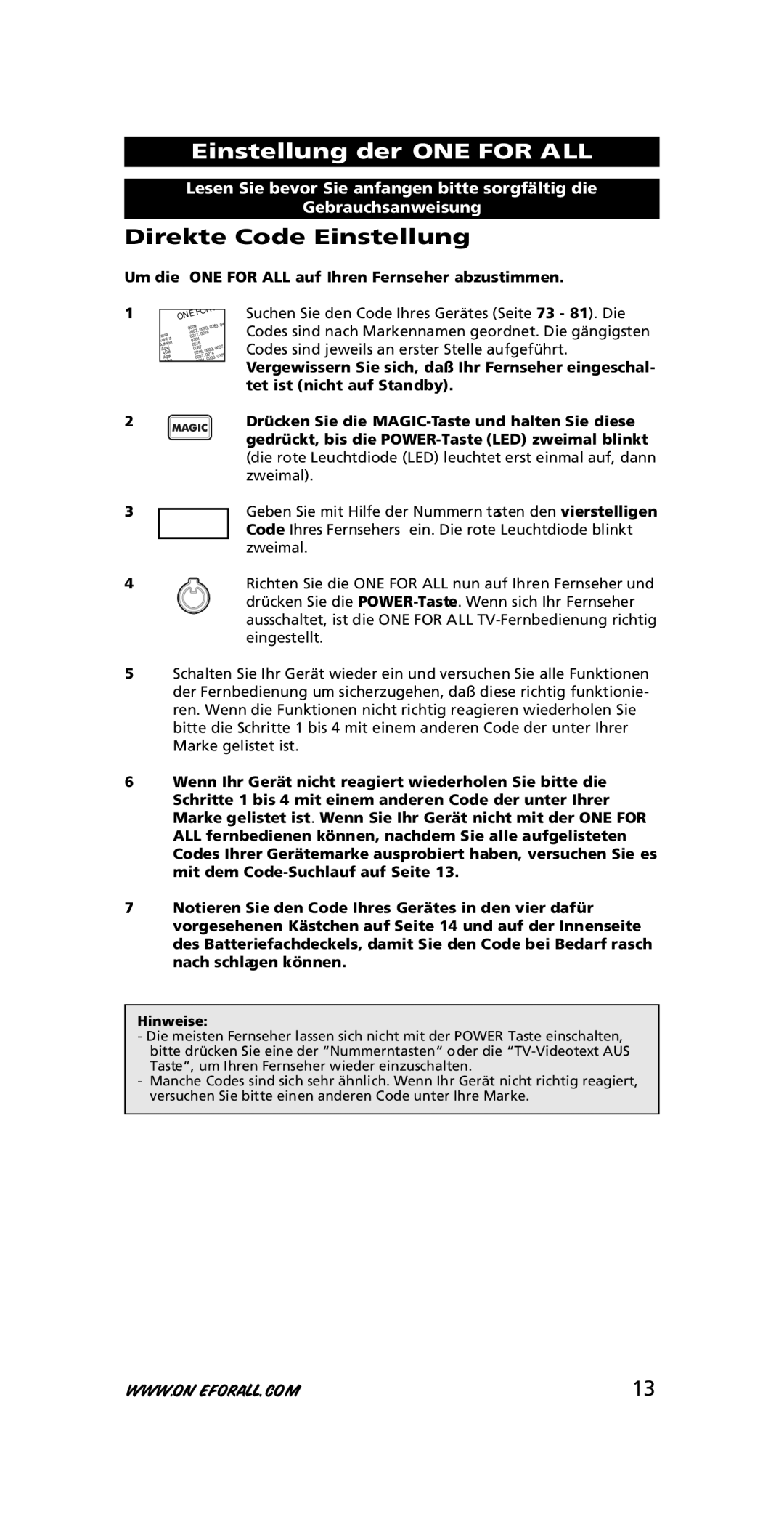 One for All URC-7210 instruction manual Einstellung der ONE for ALL, Direkte Code Einstellung, Hinweise 