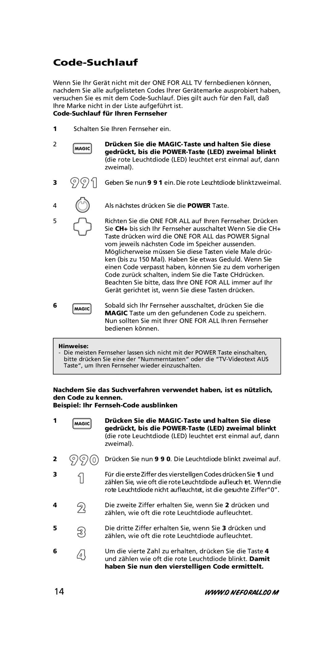 One for All URC-7210 instruction manual Code-Suchlauf für Ihren Fernseher 