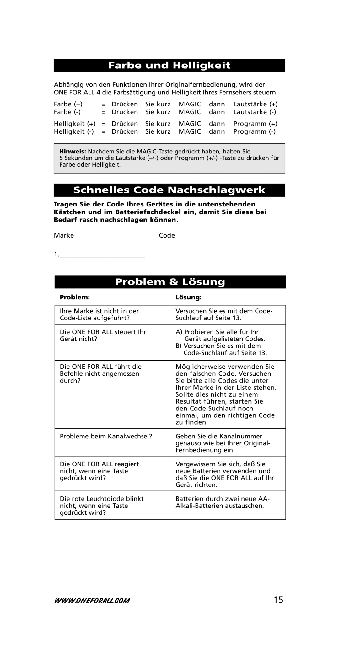 One for All URC-7210 Farbe und Helligkeit, Schnelles Code Nachschlagwerk, Problem & Lösung, Problem Lösung 
