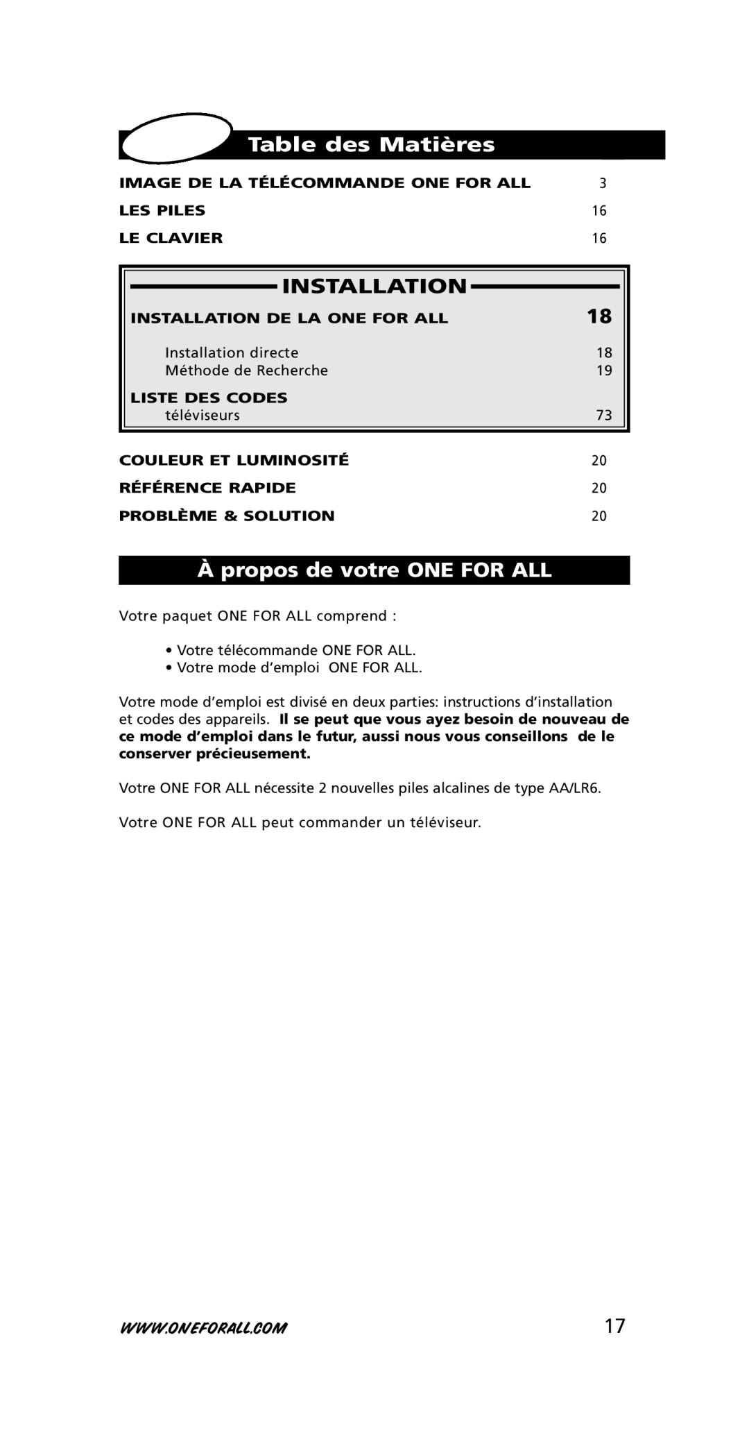 One for All URC-7210 instruction manual Table des Matières, Installation, Propos de votre ONE for ALL 