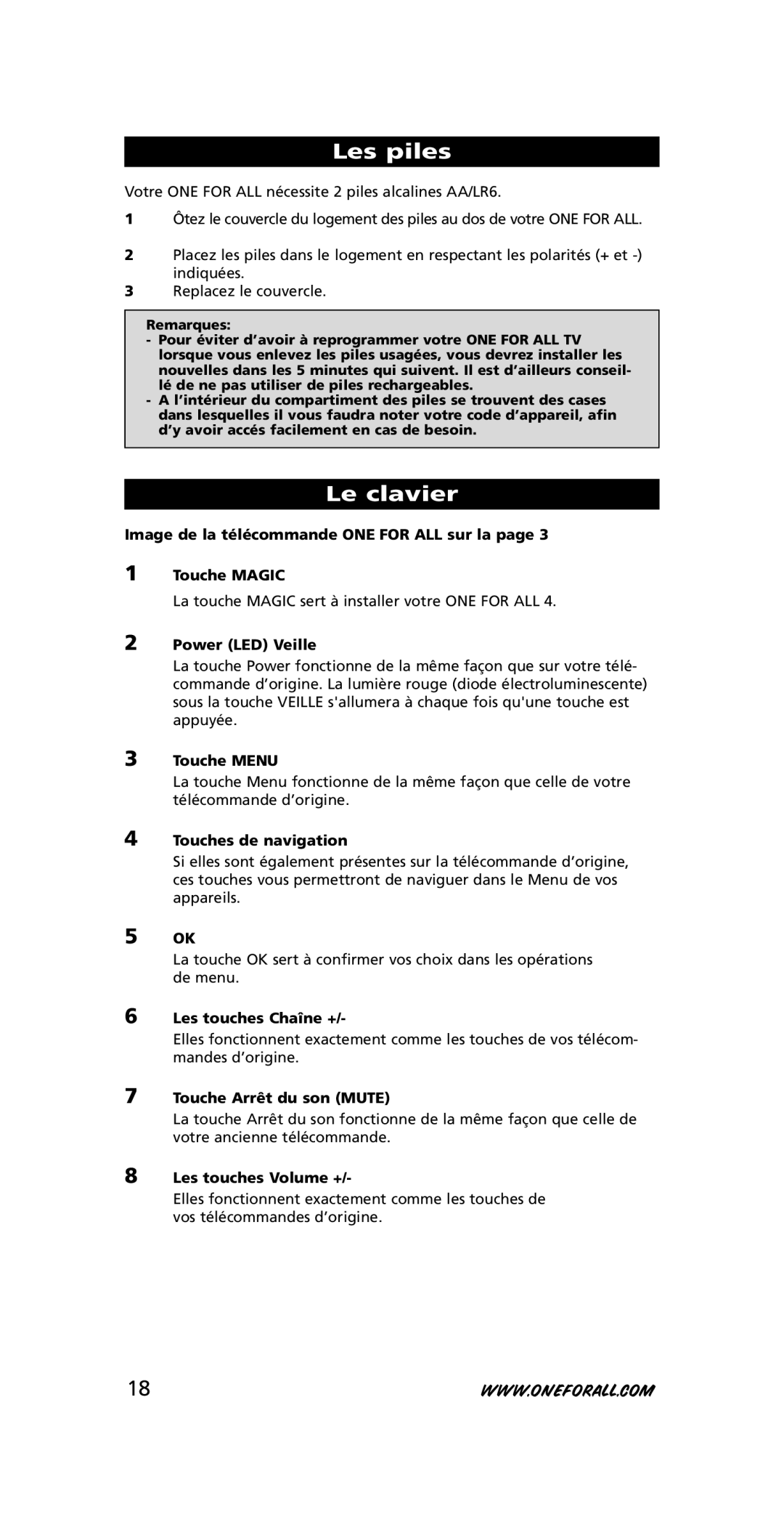 One for All URC-7210 instruction manual Les piles, Le clavier 