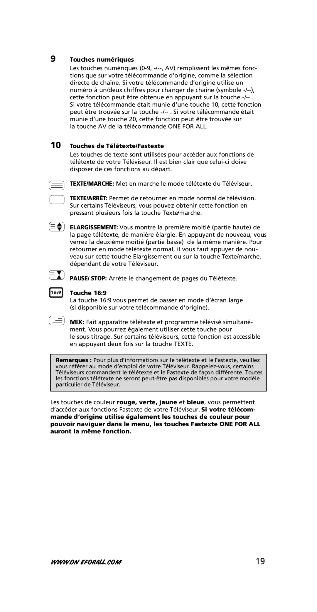 One for All URC-7210 instruction manual Touches numériques, Touches de Télétexte/Fastexte 