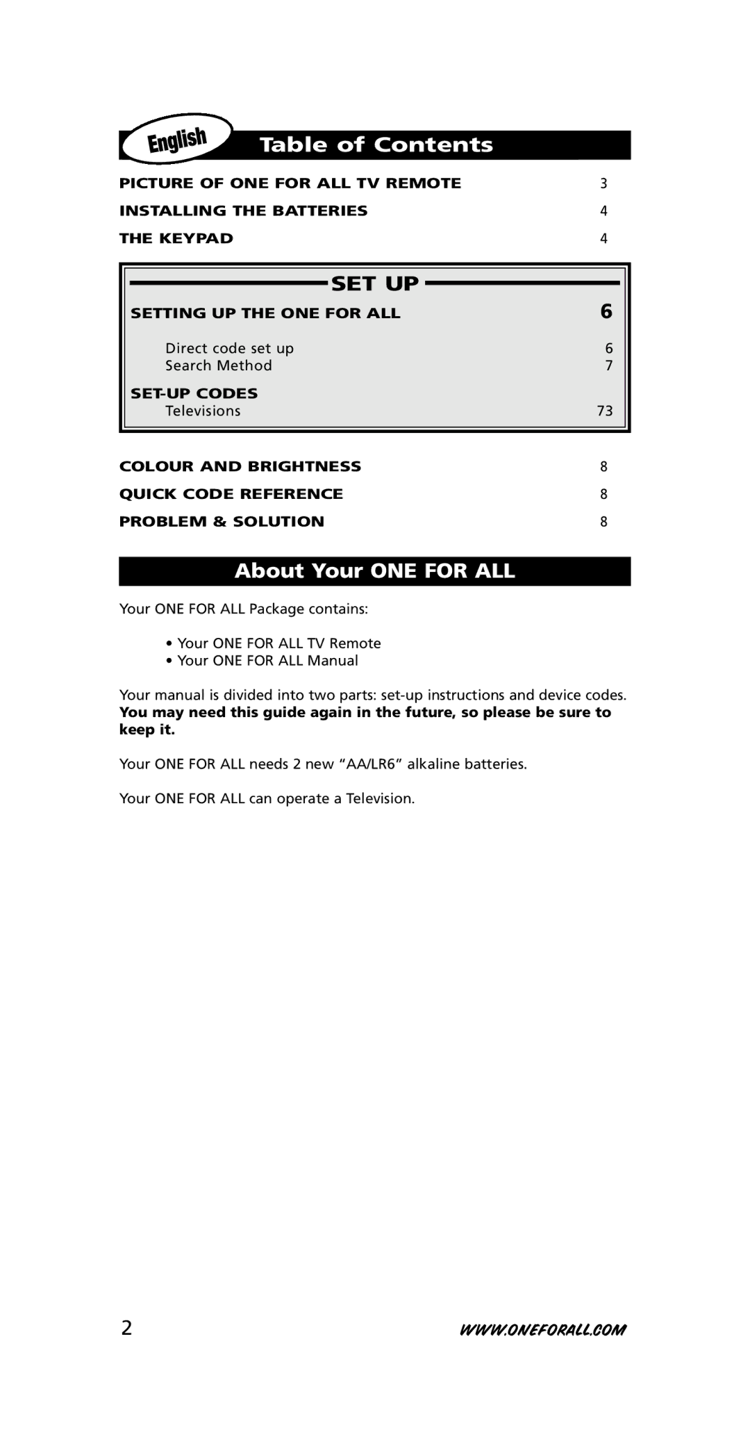 One for All URC-7210 instruction manual Table of Contents, Set Up, About Your ONE for ALL 