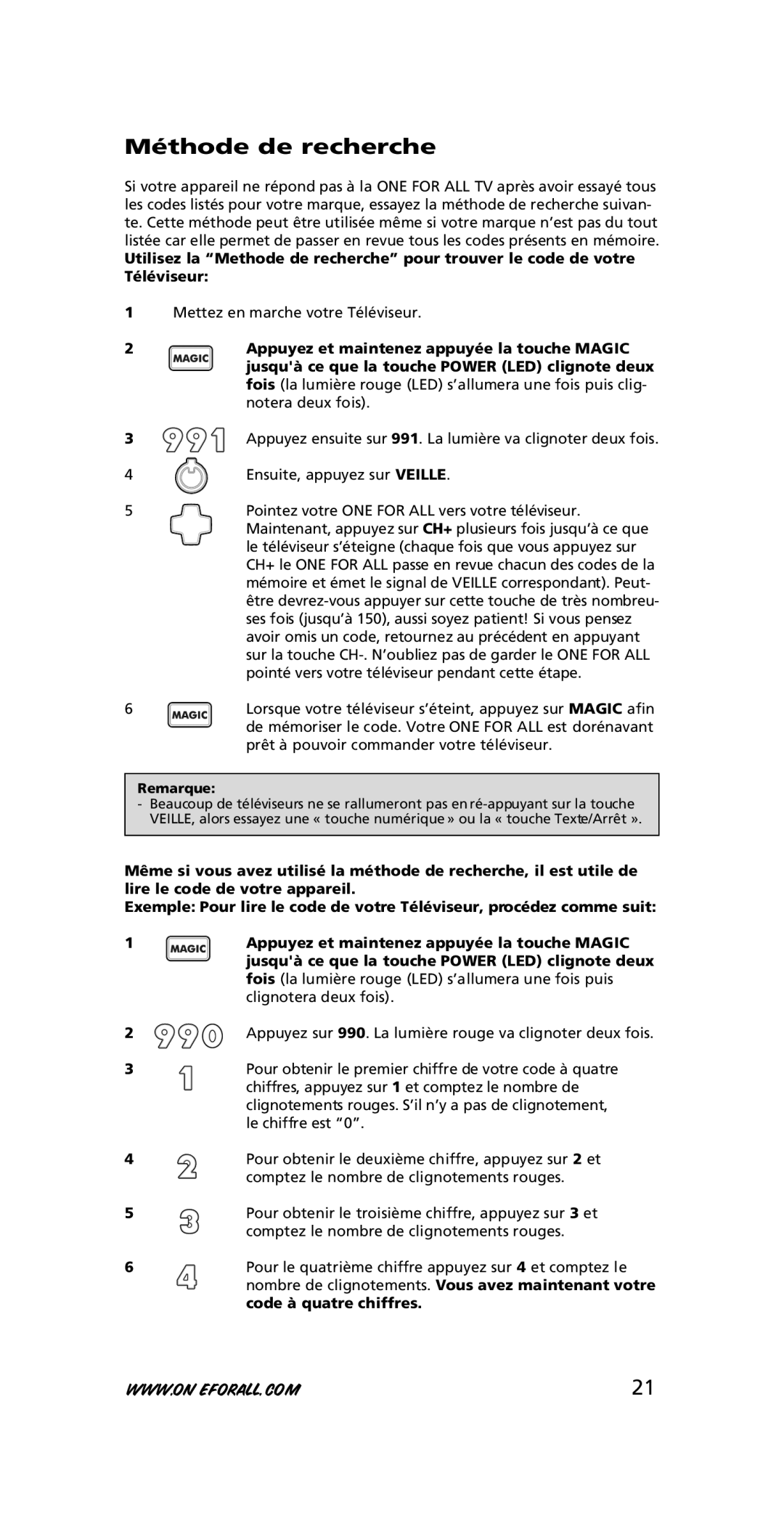 One for All URC-7210 instruction manual Méthode de recherche, Remarque 