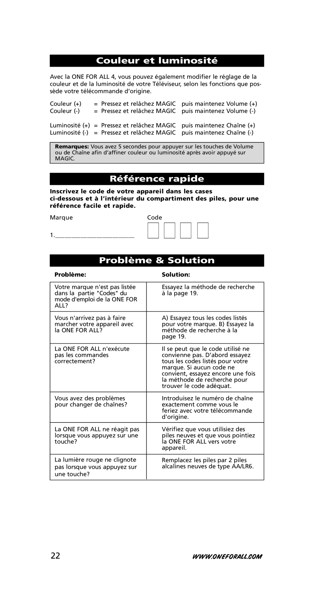 One for All URC-7210 Couleur et luminosité, Référence rapide, Problème & Solution, Problème Solution, All? 
