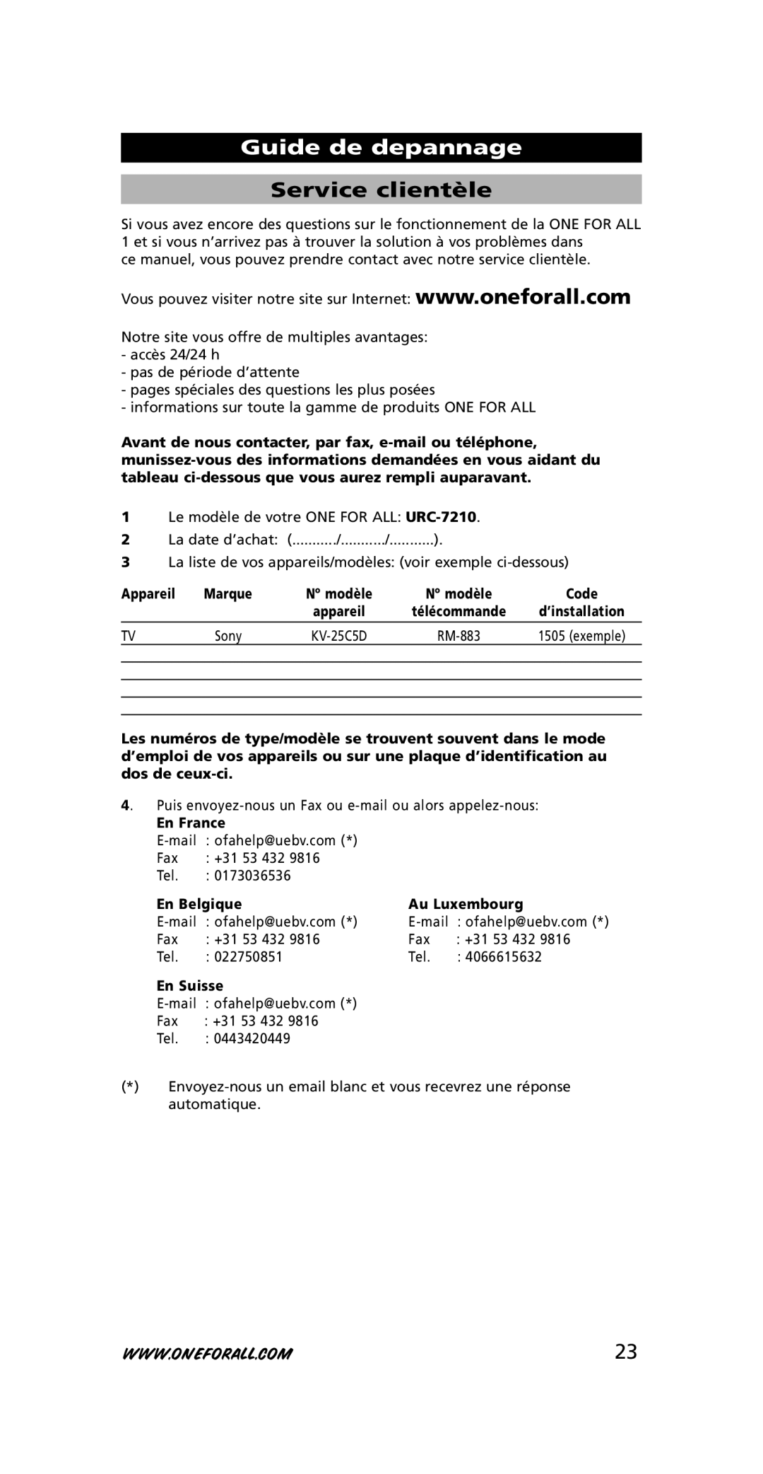 One for All URC-7210 instruction manual Guide de depannage, Service clientèle 