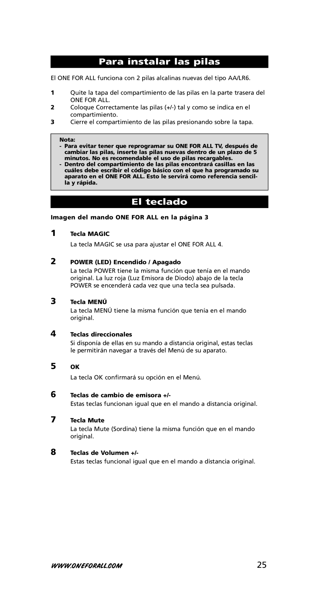 One for All URC-7210 instruction manual Para instalar las pilas, El teclado 