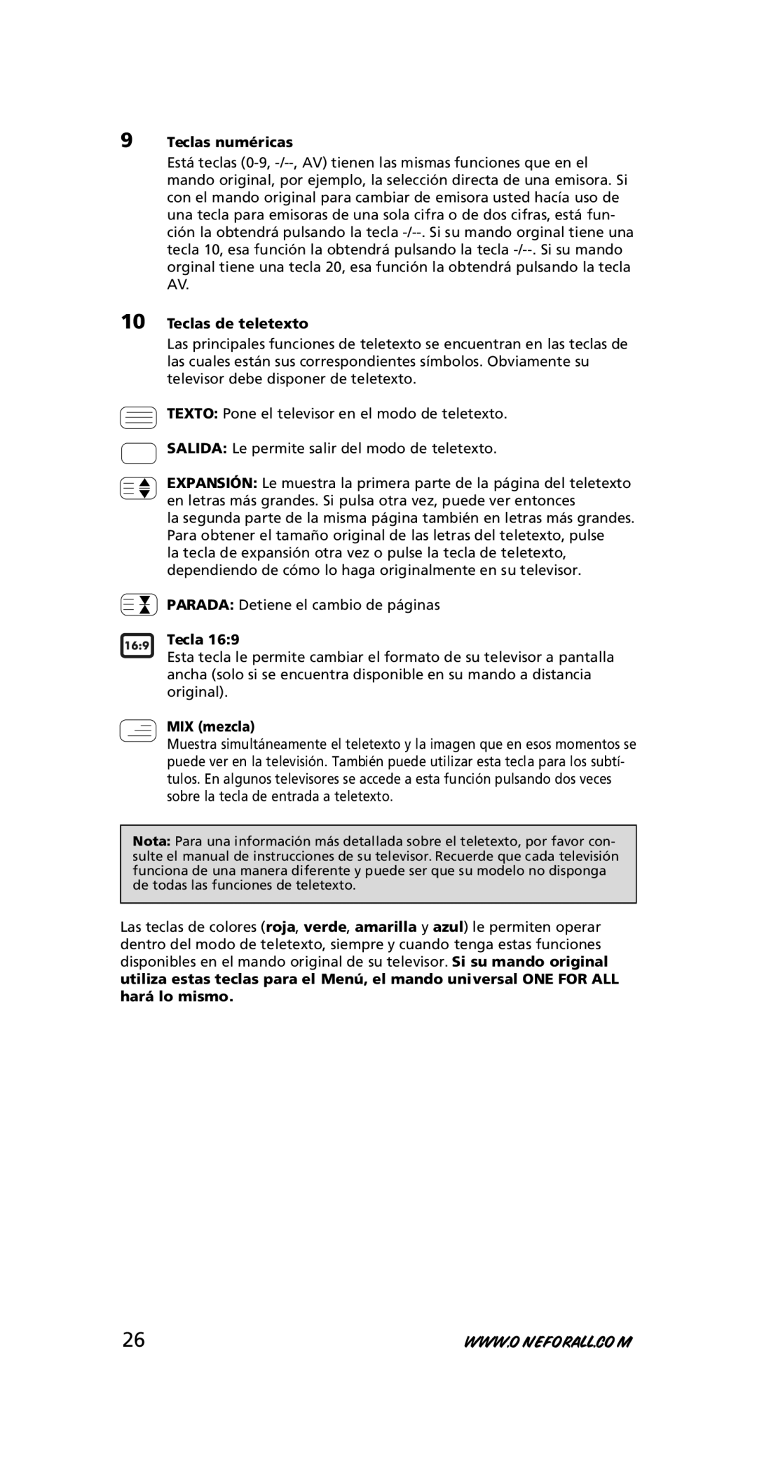 One for All URC-7210 instruction manual Teclas numéricas, Teclas de teletexto, MIX mezcla 