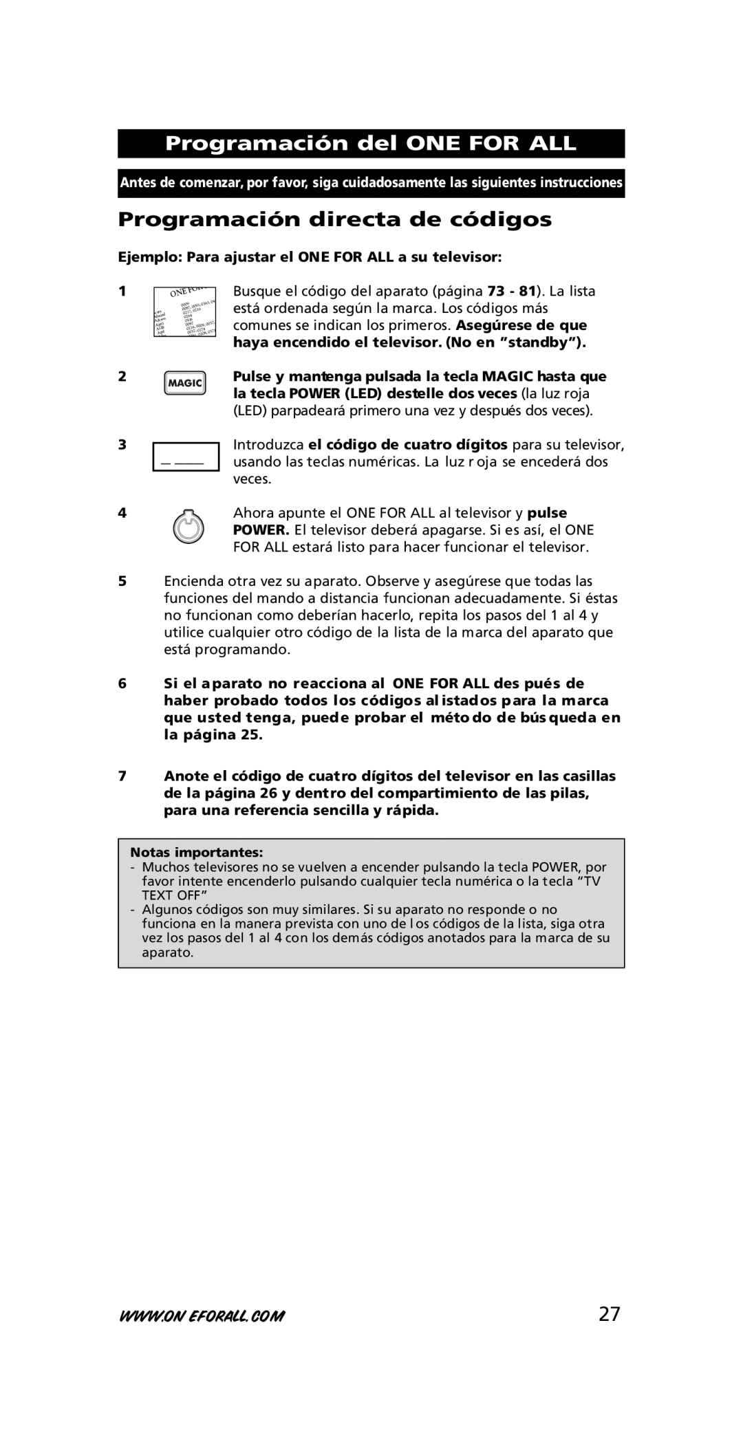 One for All URC-7210 instruction manual Programación del ONE for ALL, Programación directa de códigos 