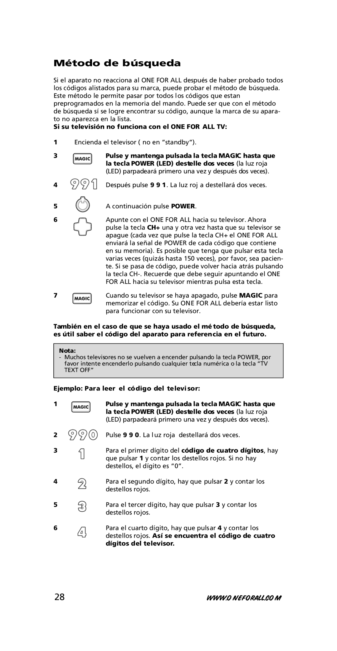 One for All URC-7210 instruction manual Método de búsqueda, Si su televisión no funciona con el ONE for ALL TV 