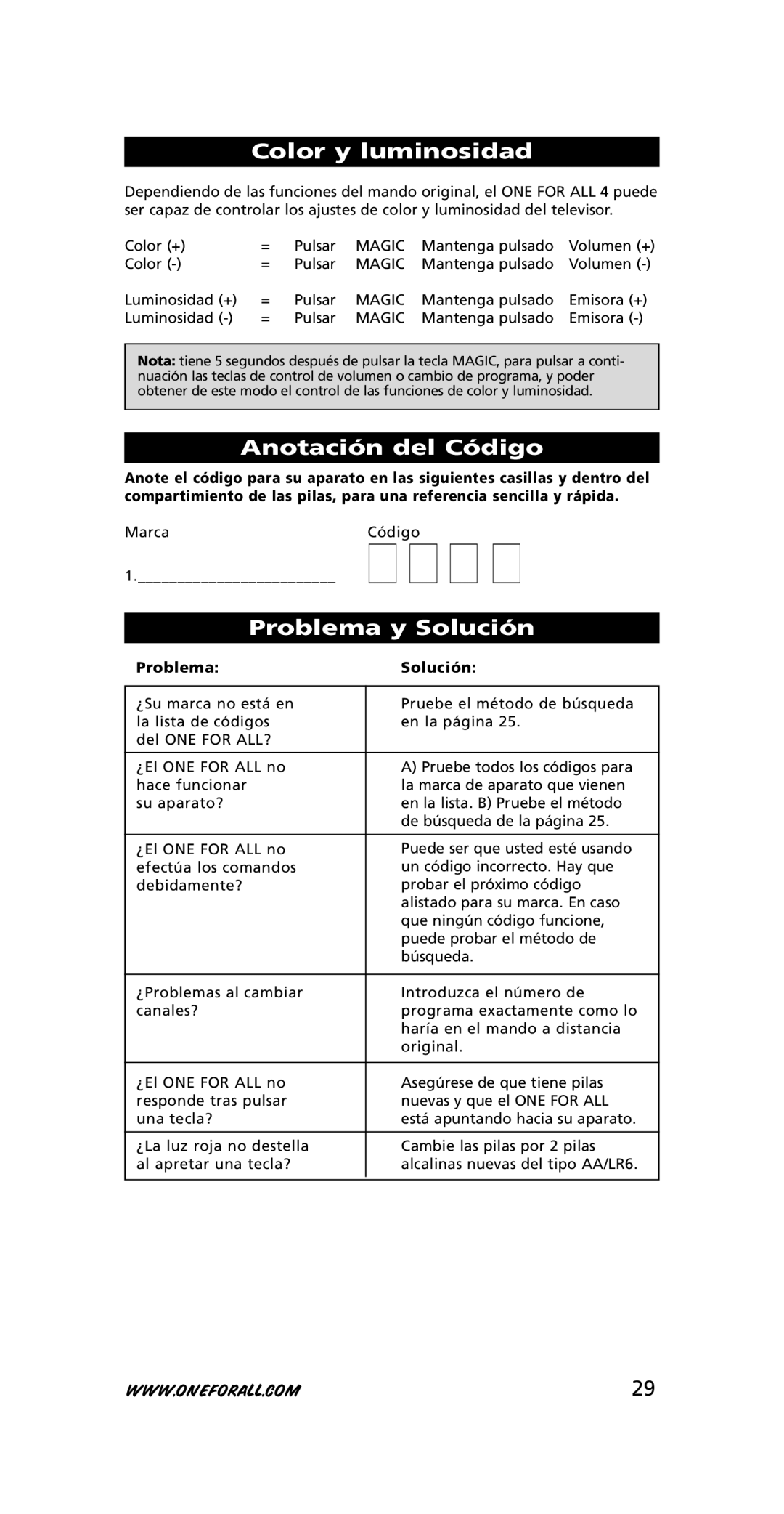 One for All URC-7210 instruction manual Color y luminosidad, Anotación del Código, Problema y Solución, Problema Soluc ión 