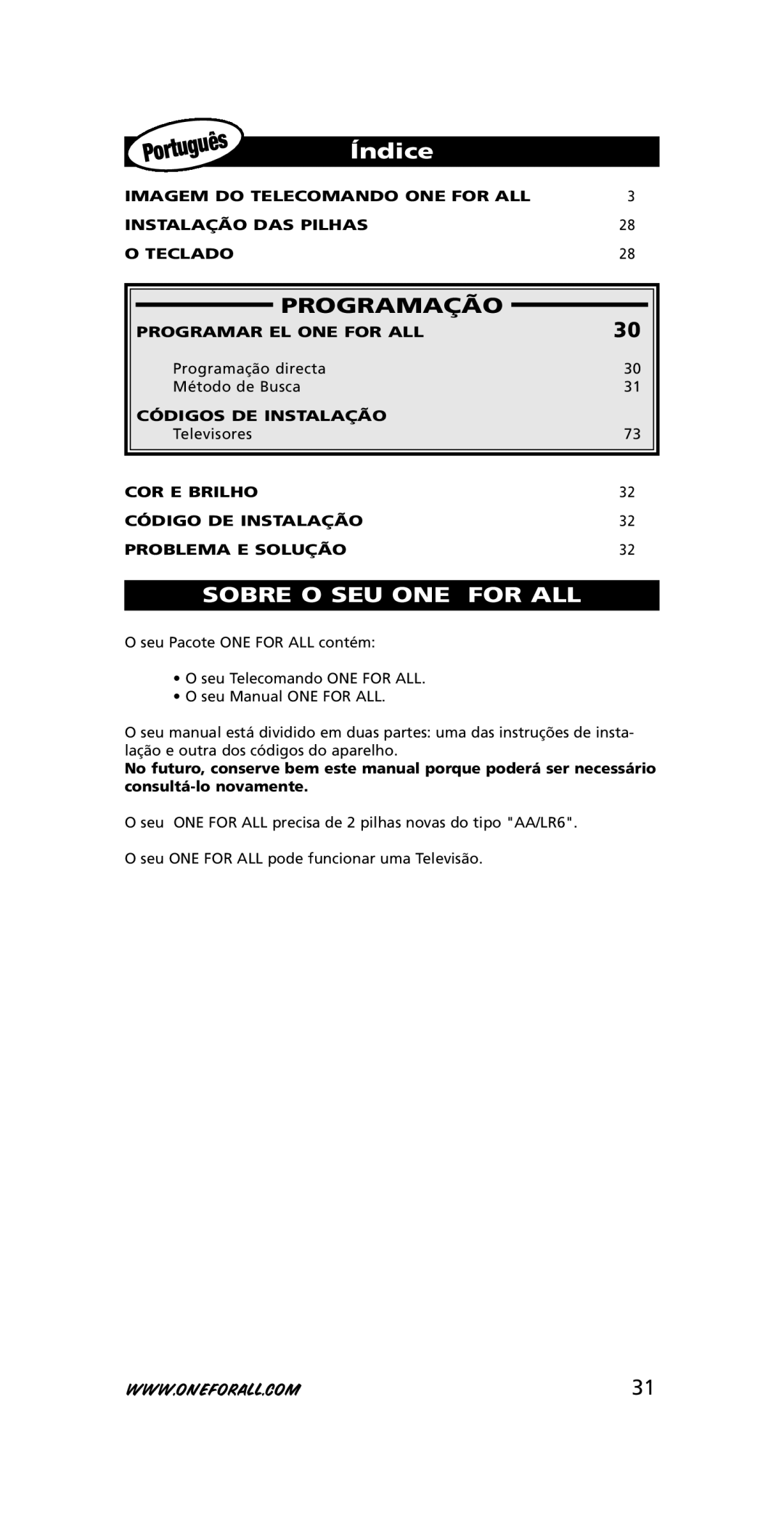 One for All URC-7210 instruction manual Índice, Programação 