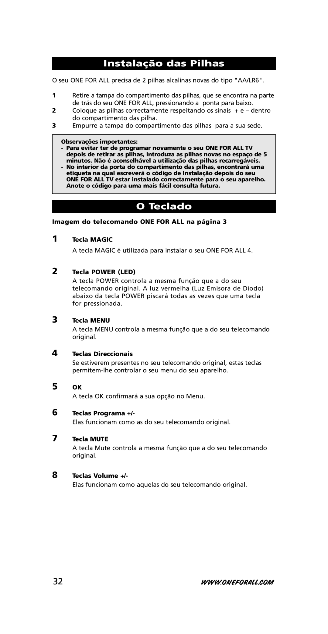 One for All URC-7210 instruction manual Instalação das Pilhas, Teclado 