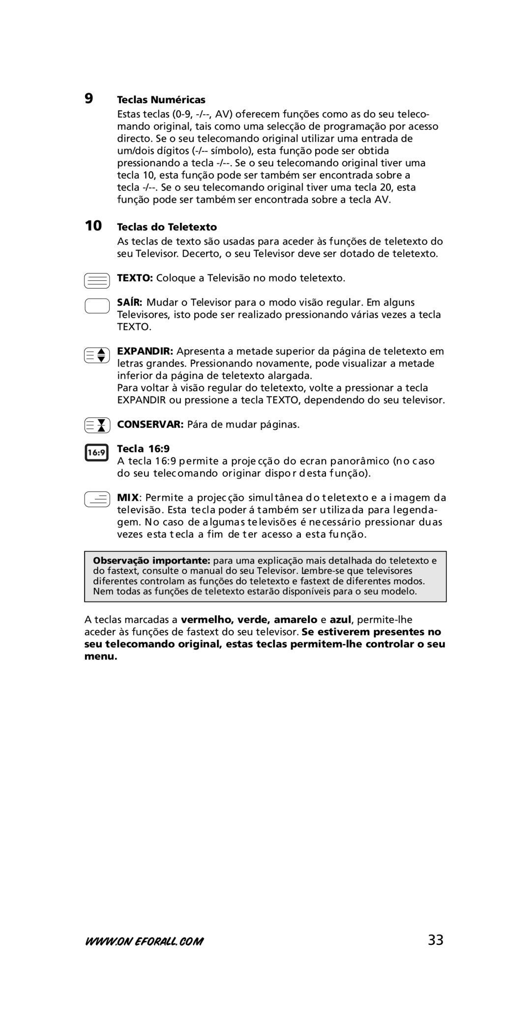 One for All URC-7210 instruction manual Teclas do Teletexto, Texto 