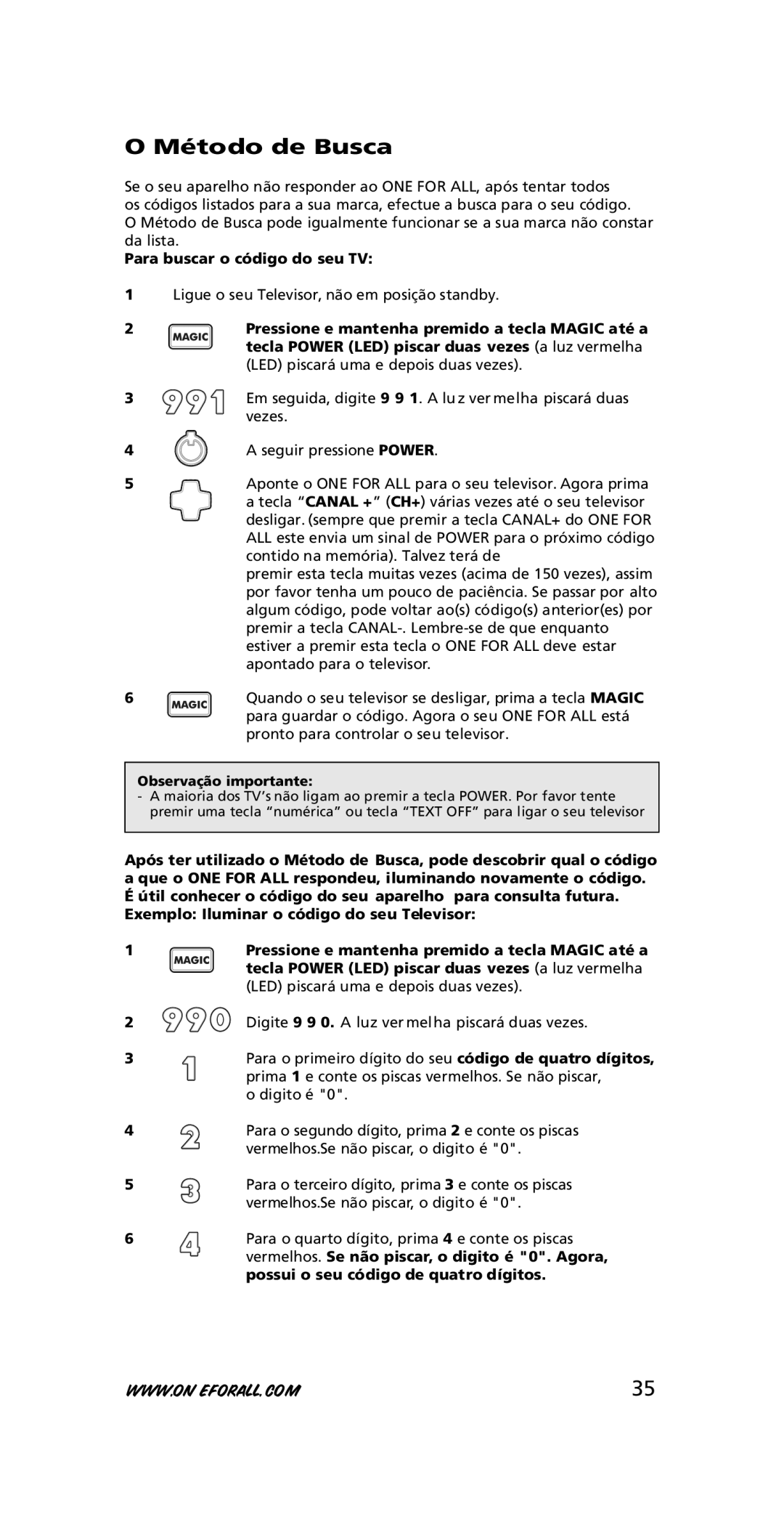 One for All URC-7210 instruction manual Método de Busca, Para buscar o código do seu TV, Observação importante 