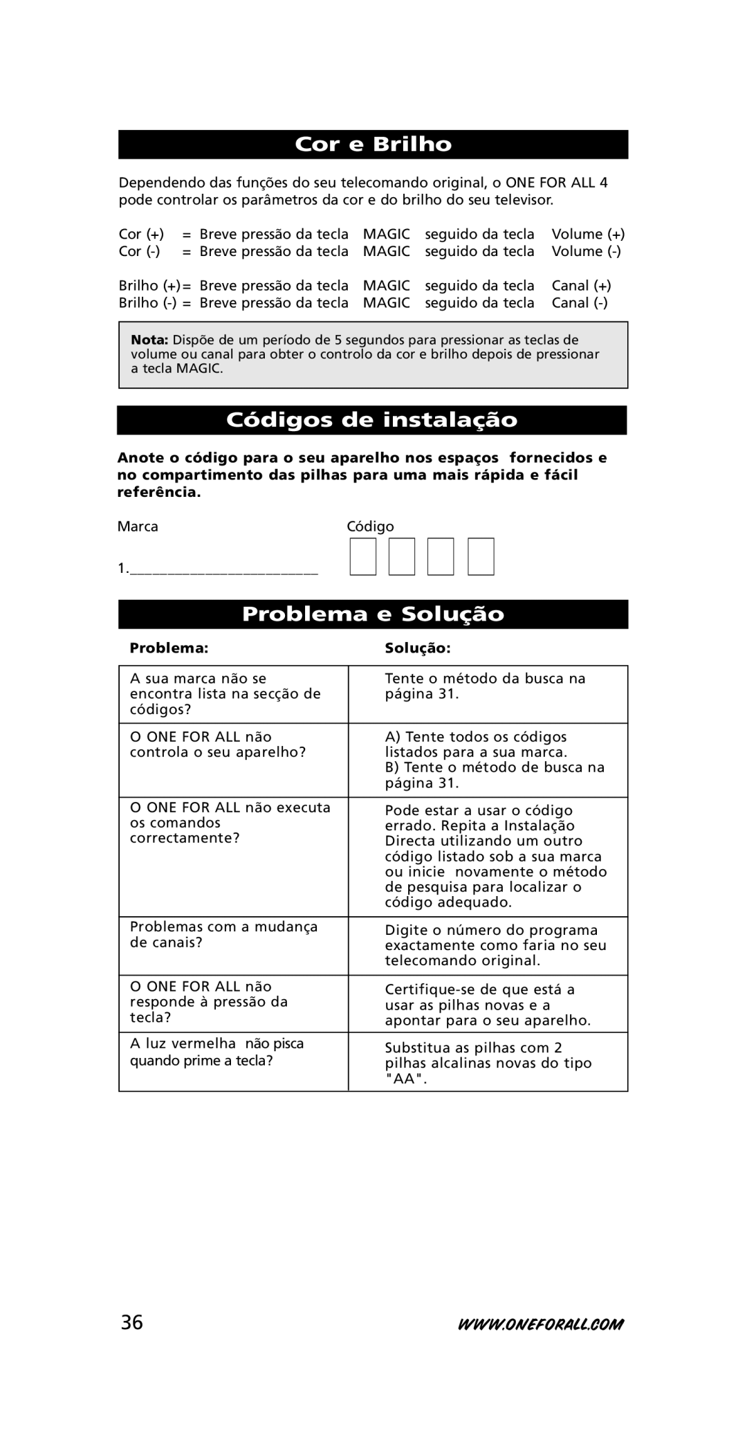 One for All URC-7210 instruction manual Cor e Brilho, Códigos de instalação, Problema e Solução, Problema Solução 