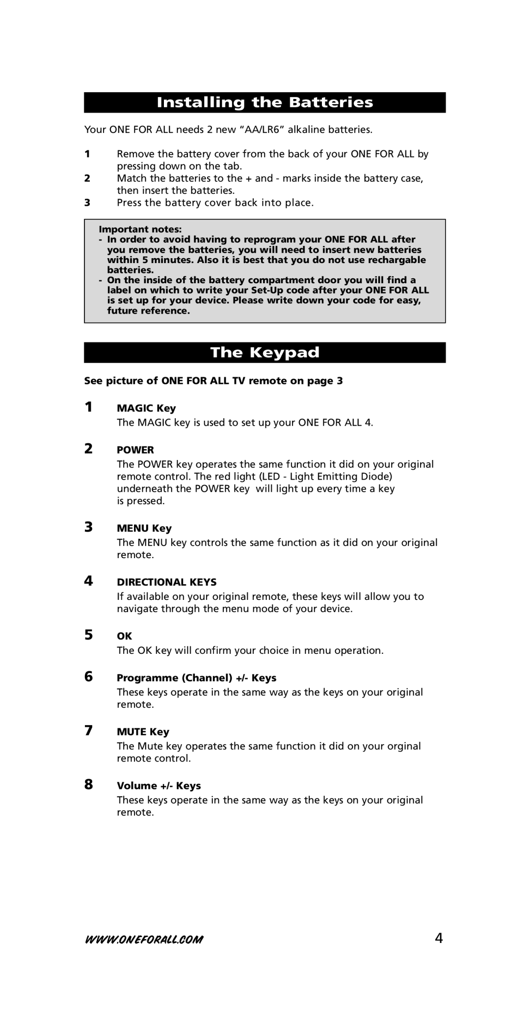 One for All URC-7210 instruction manual Installing the Batteries, Keypad 