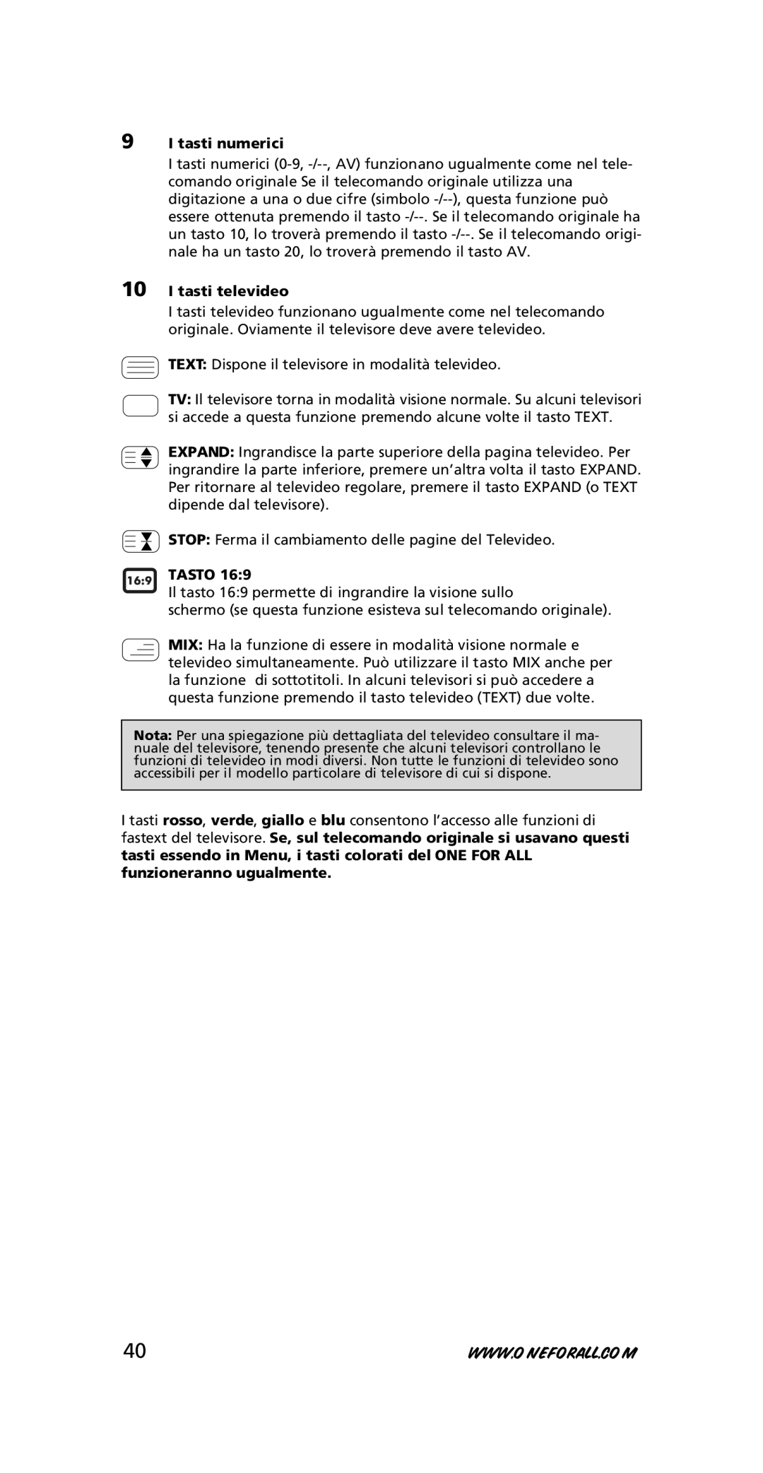 One for All URC-7210 instruction manual Tasti numerici, Tasti televideo, Tasto 