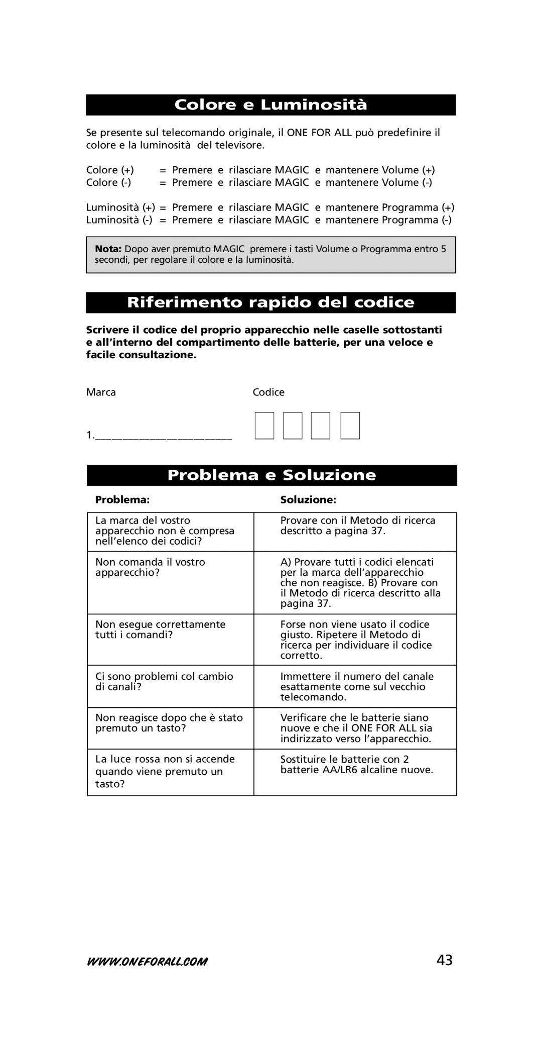 One for All URC-7210 Colore e Luminosità, Riferimento rapido del codice, Problema e Soluzione, Problema Soluzione 