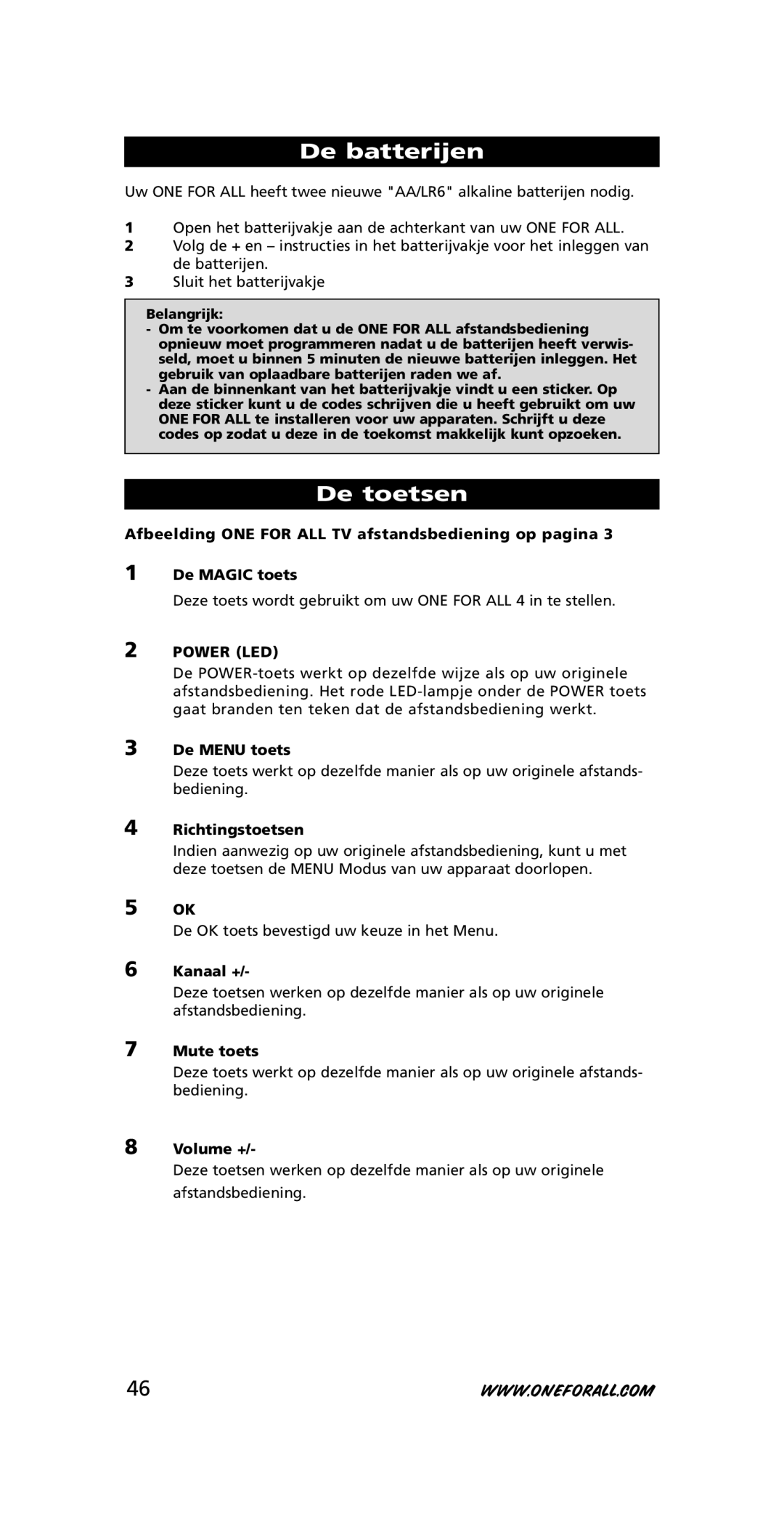 One for All URC-7210 instruction manual De batterijen, De toetsen 