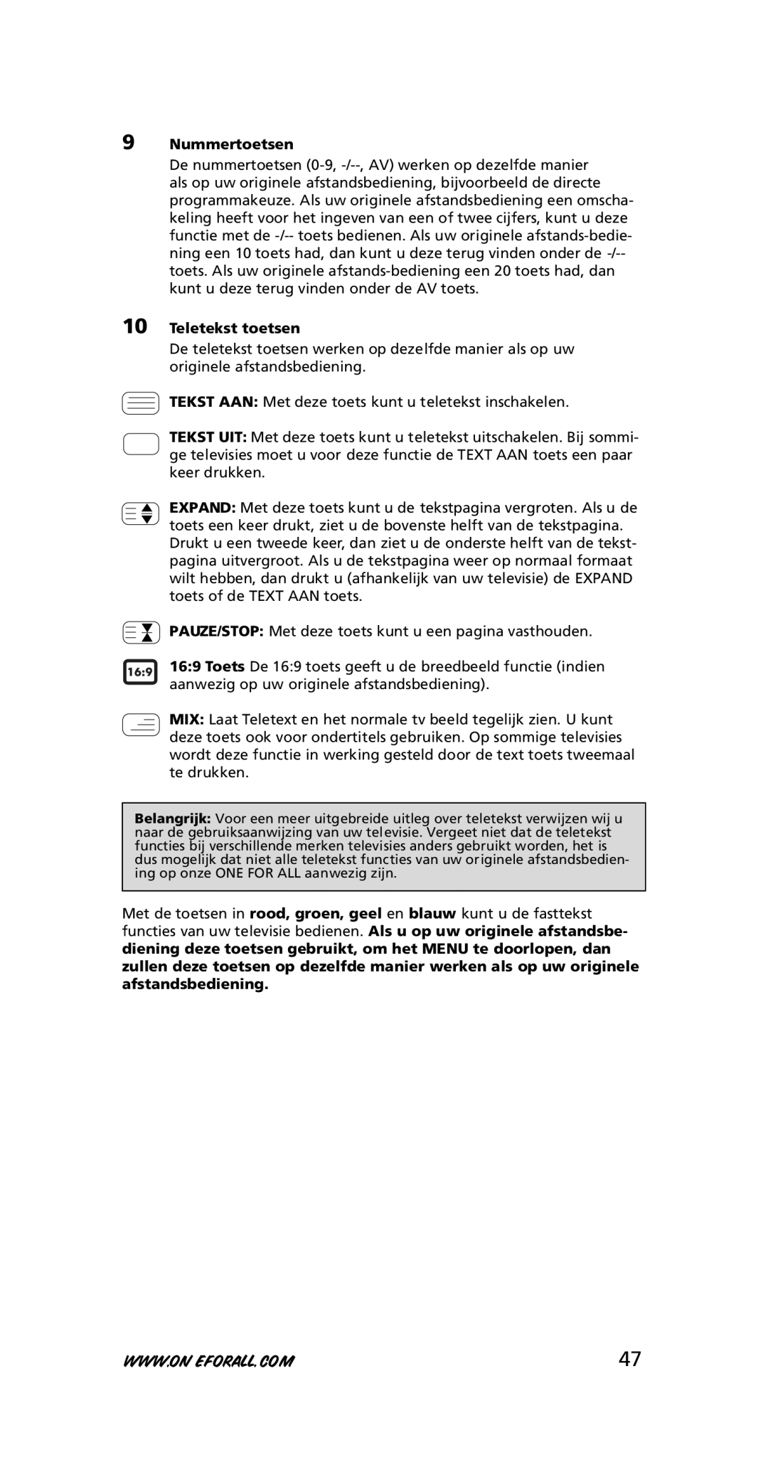 One for All URC-7210 instruction manual Nummertoetsen, Teletekst toetsen 