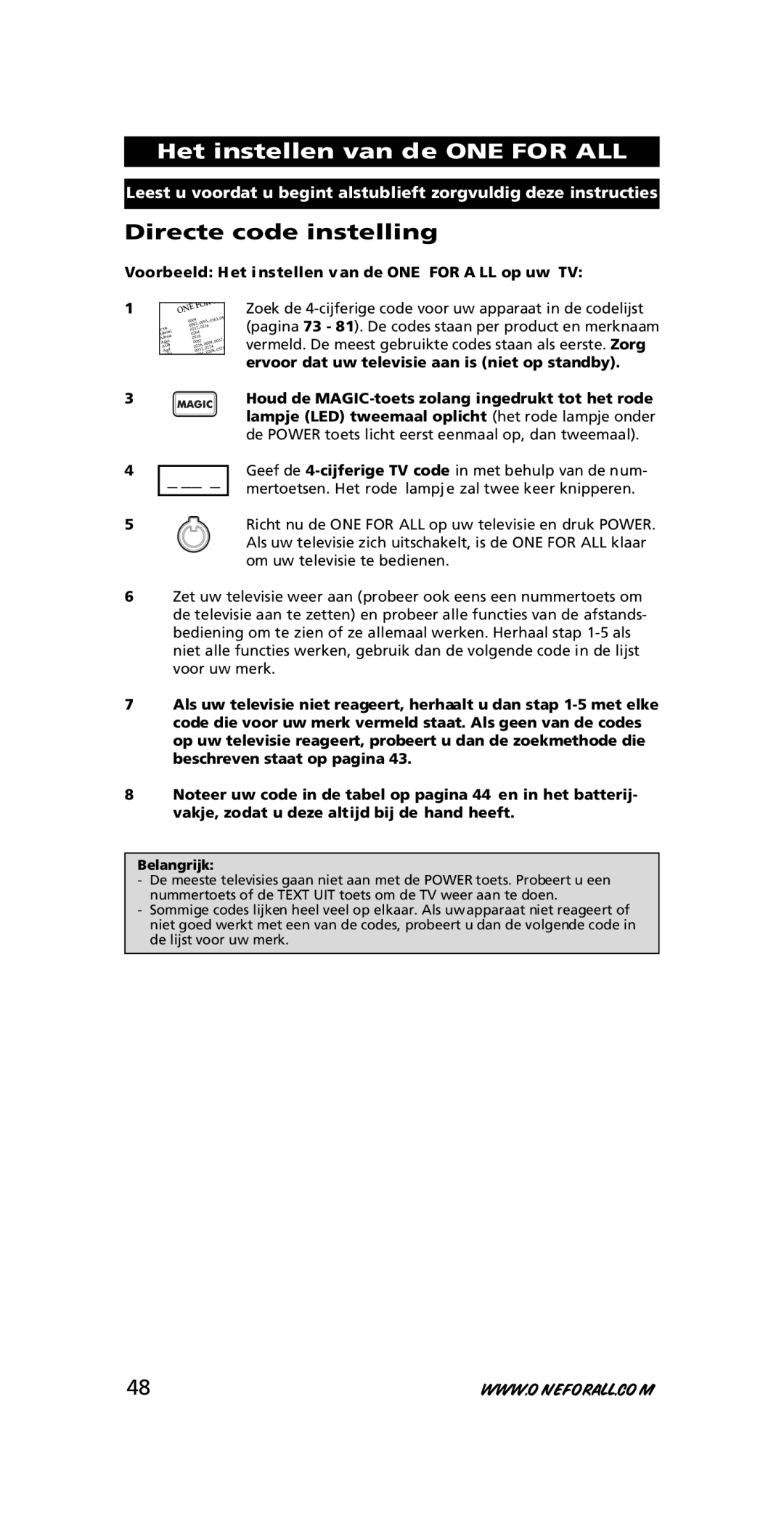 One for All URC-7210 instruction manual Het instellen van de ONE for ALL, Directe code instelling 