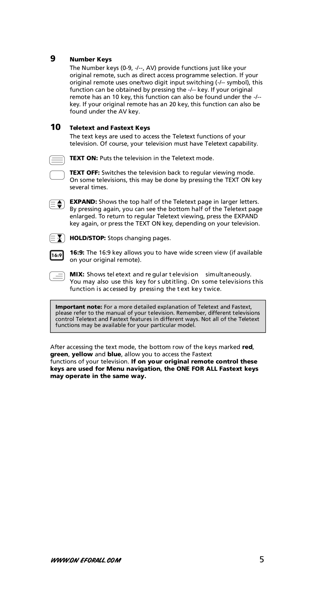 One for All URC-7210 instruction manual Number Keys, Teletext and Fastext Keys 