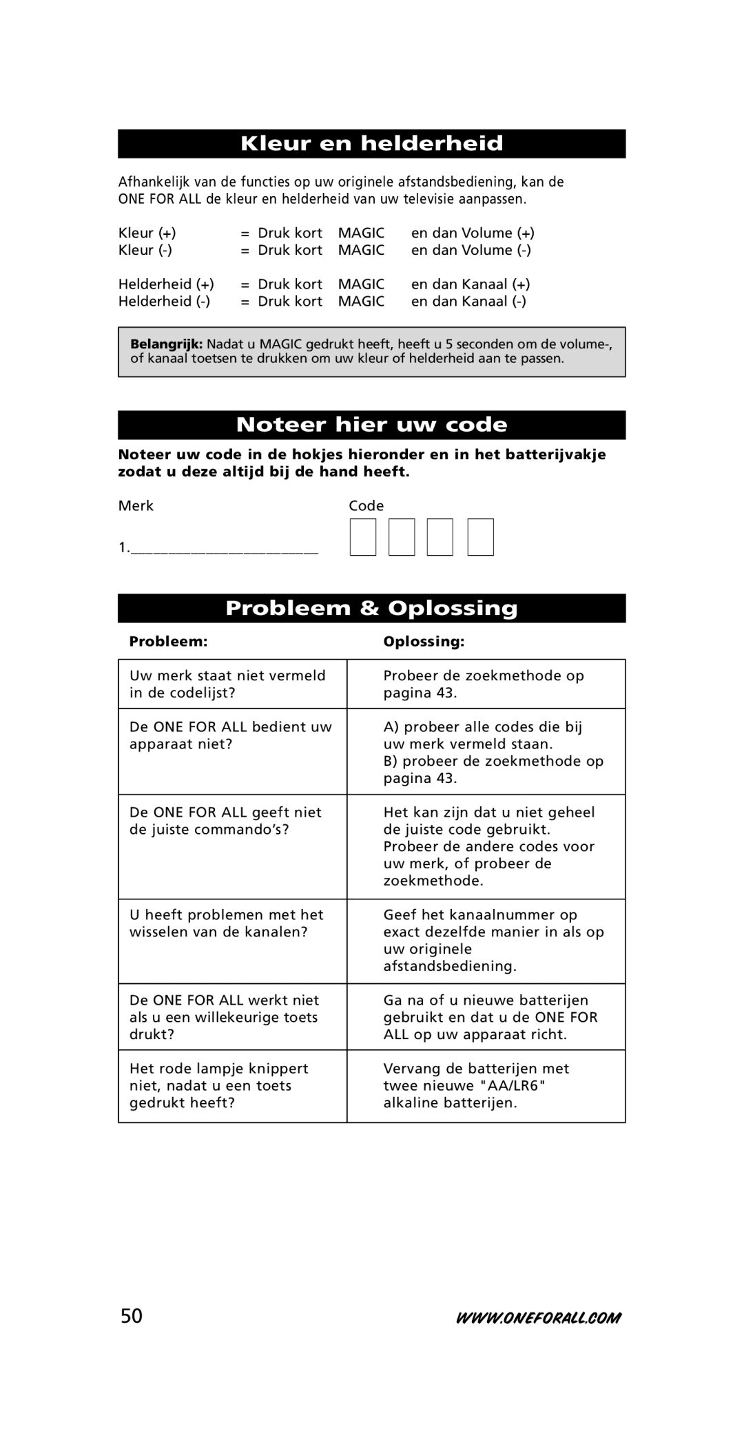 One for All URC-7210 instruction manual Kleur en helderheid, Probleem & Oplossing, Probleem Oplossing 