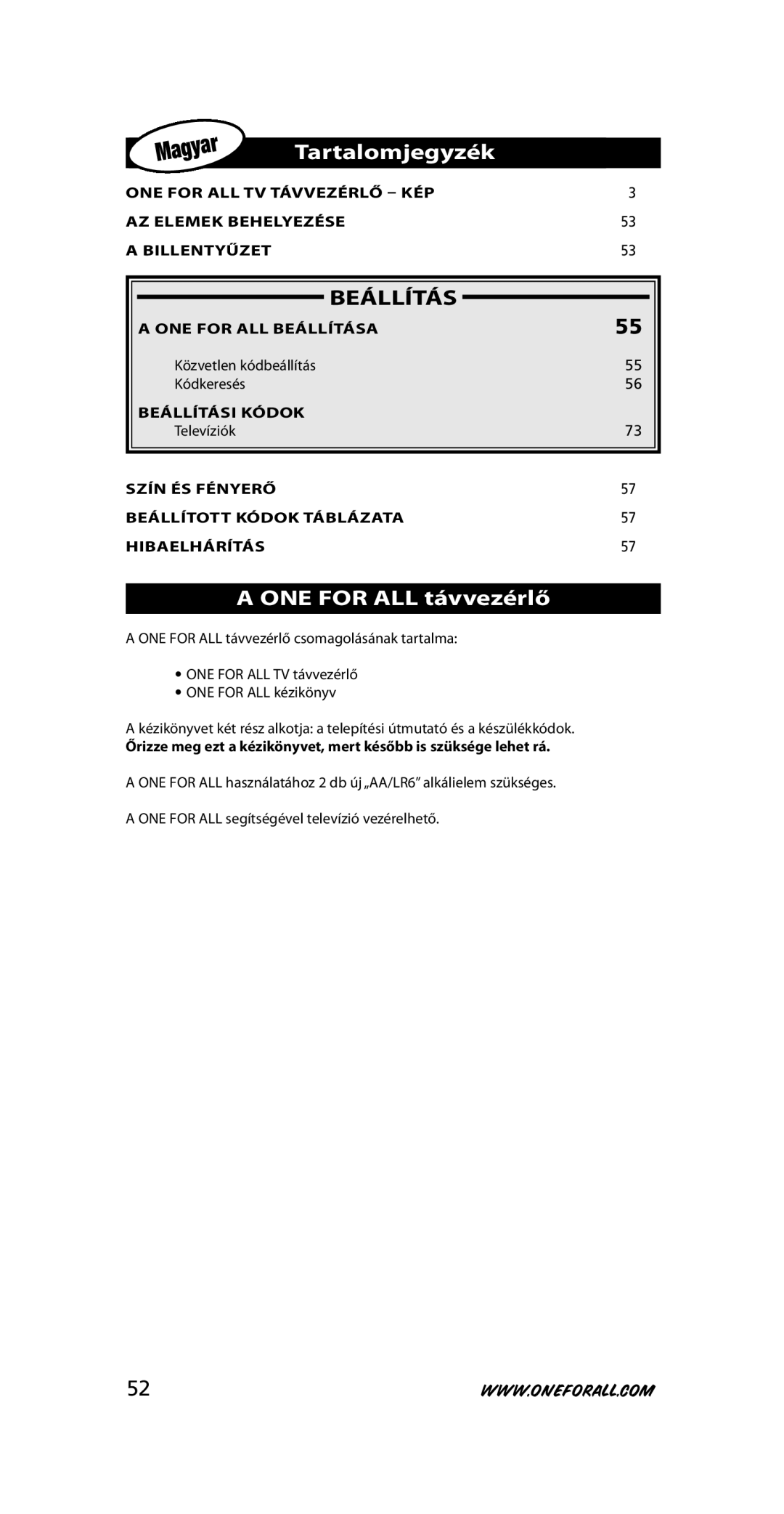 One for All URC-7210 instruction manual Tartalomjegyzék, Beállítás, ONE for ALL távvezérlő 