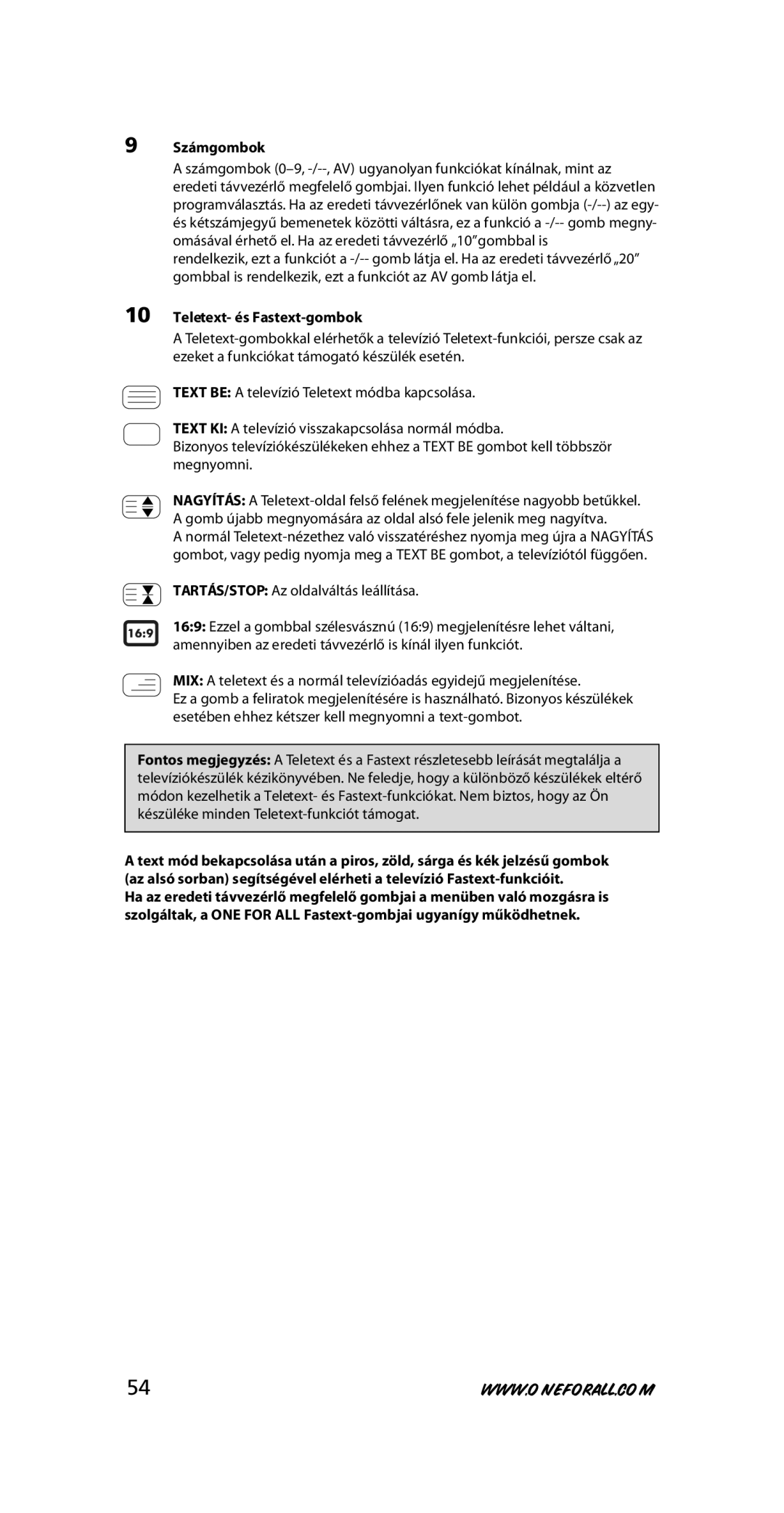 One for All URC-7210 instruction manual Számgombok, Teletext- és Fastext-gombok 