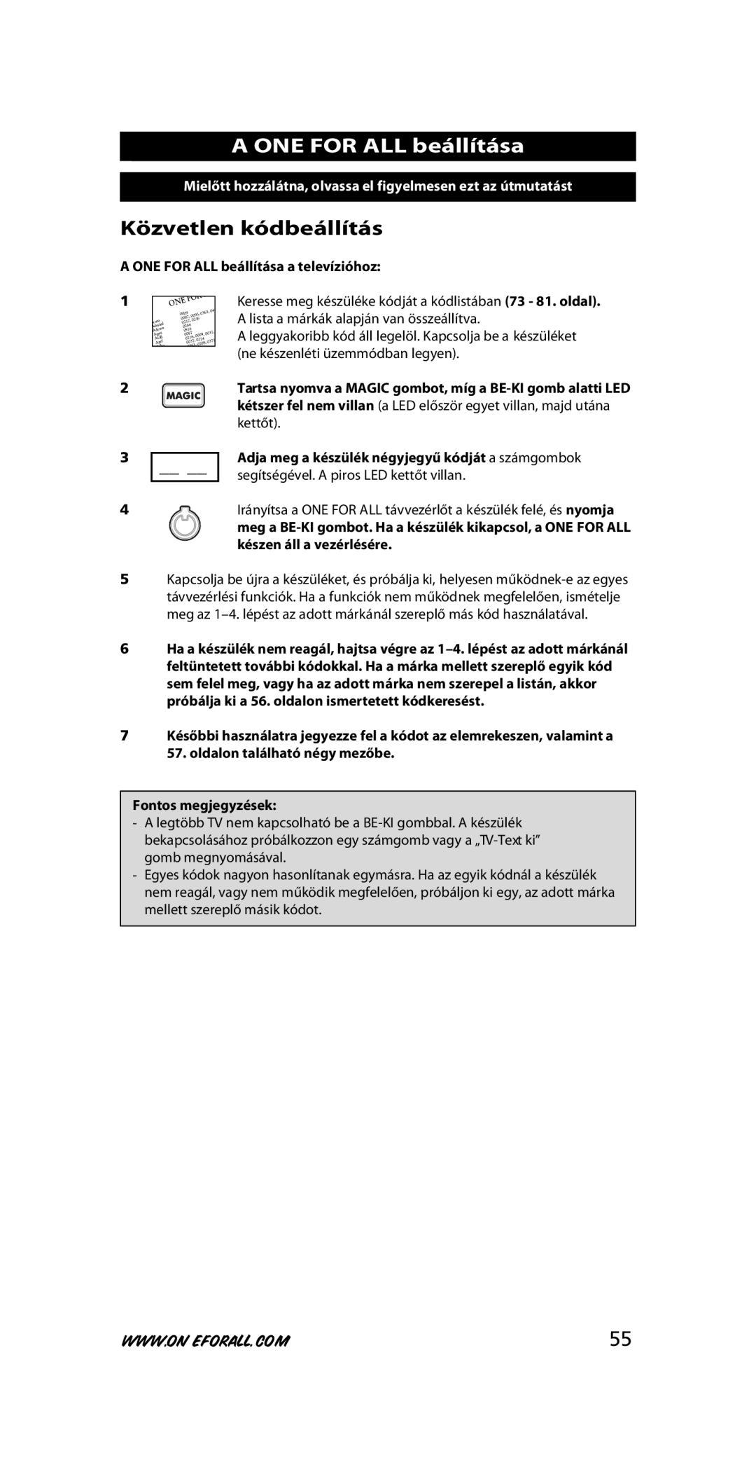 One for All URC-7210 instruction manual Közvetlen kódbeállítás, ONE for ALL beállítása a televízióhoz 