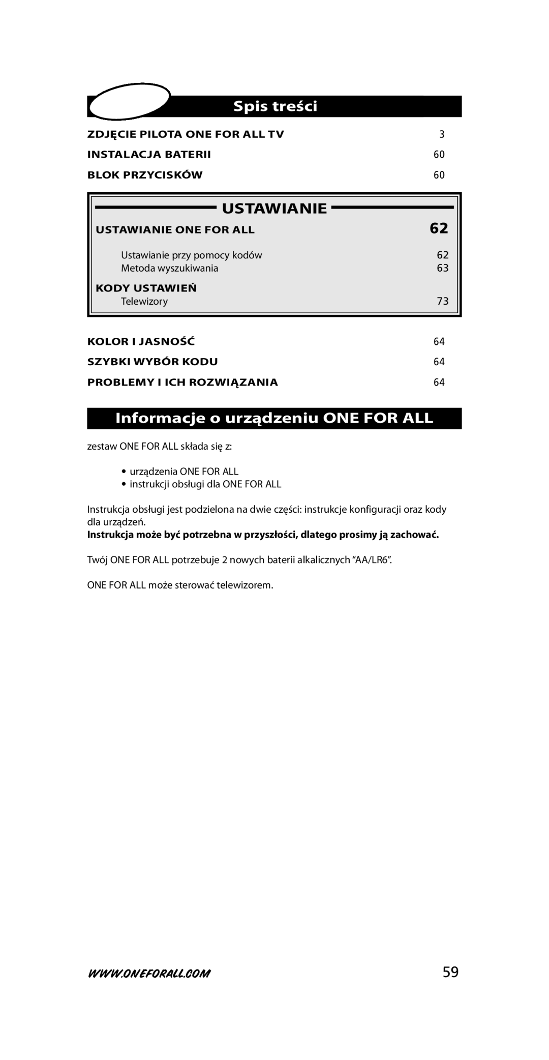 One for All URC-7210 instruction manual Spis treści, Ustawianie, Informacje o urządzeniu ONE for ALL 